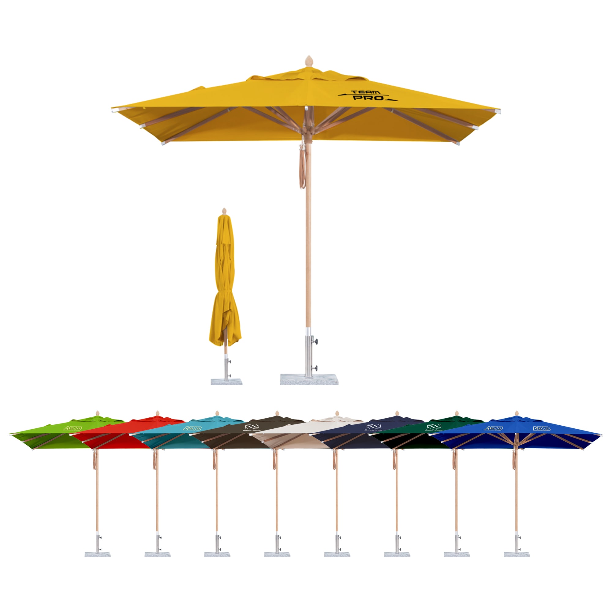 A yellow wind-resistant outdoor umbrella with a wooden pole and a variety of stock colours displayed below. 3x3m Wind-resistant Square Stock Colour Outdoor Umbrella - Image 1