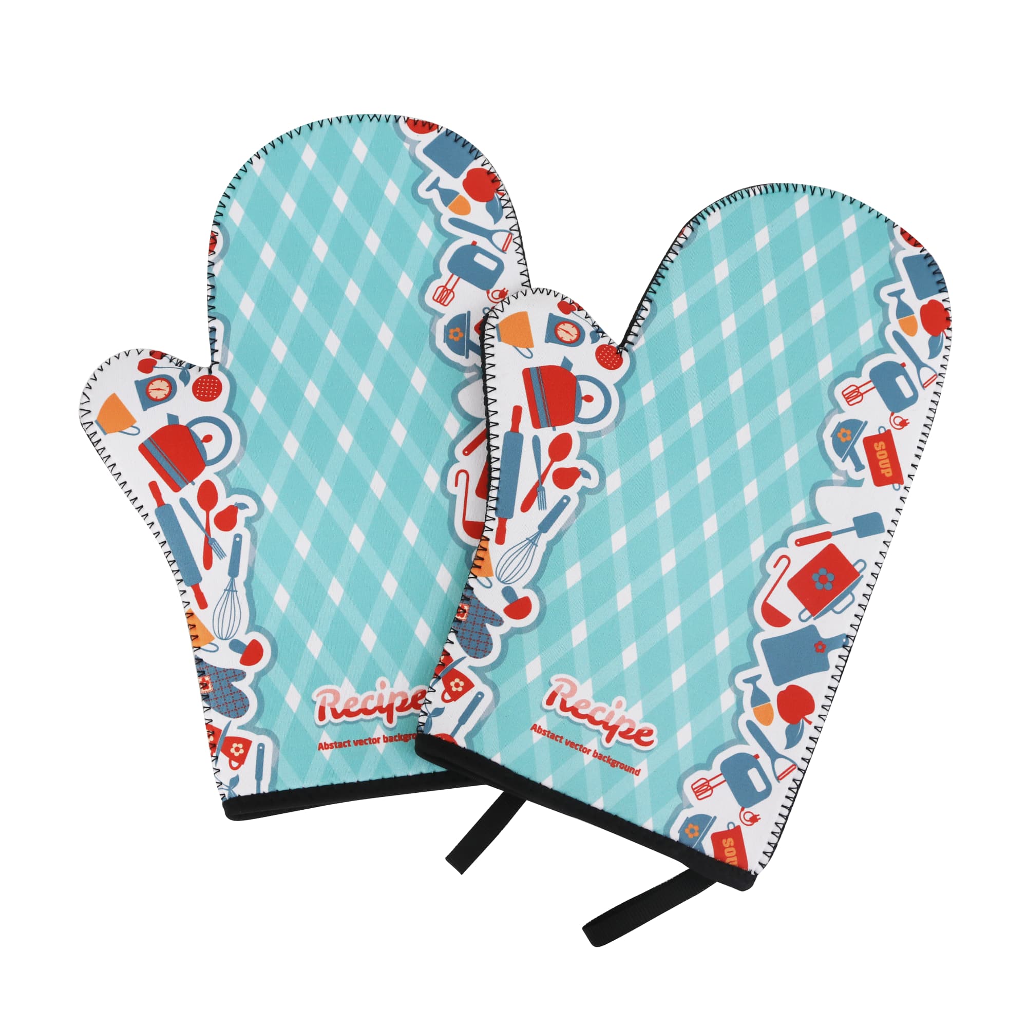 A pair of turquoise neoprene oven mitts with a playful kitchen-themed pattern and a branding logo. Neoprene Oven Mitt - Image 1