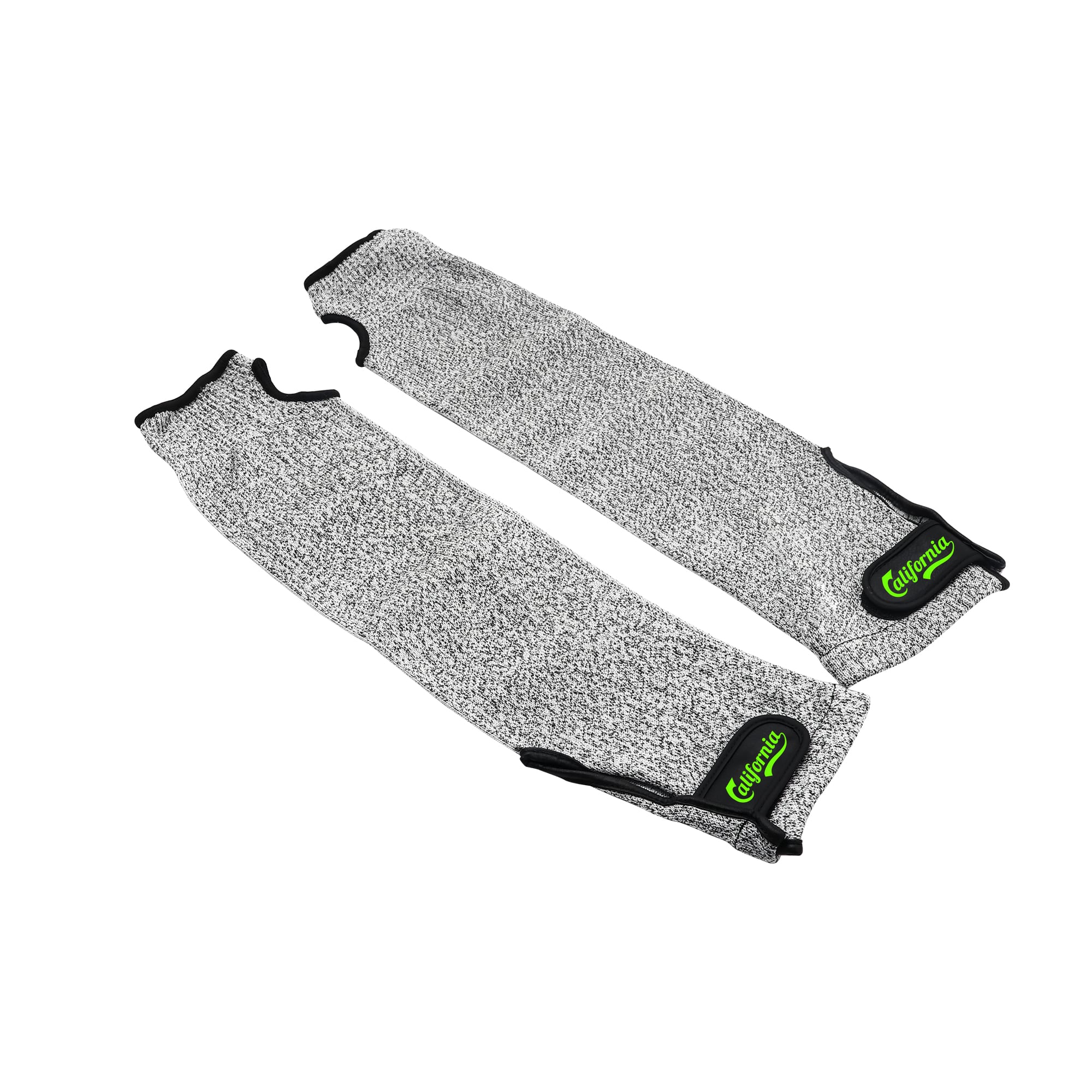 Cut resistant sleeves in grey with black edges and a branding logo. Two pieces are displayed side by side. Cut Resistant Sleeves - Image 1