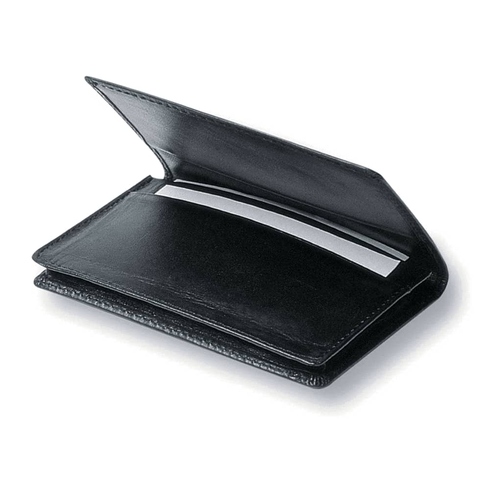 A black business card holder with an open design and a slot for holding cards. It features a sleek and professional look. Business Card Holder - Image 1