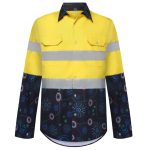 A bright yellow cotton Hawaiian shirt with reflective stripes and a dark patterned design on the lower half.