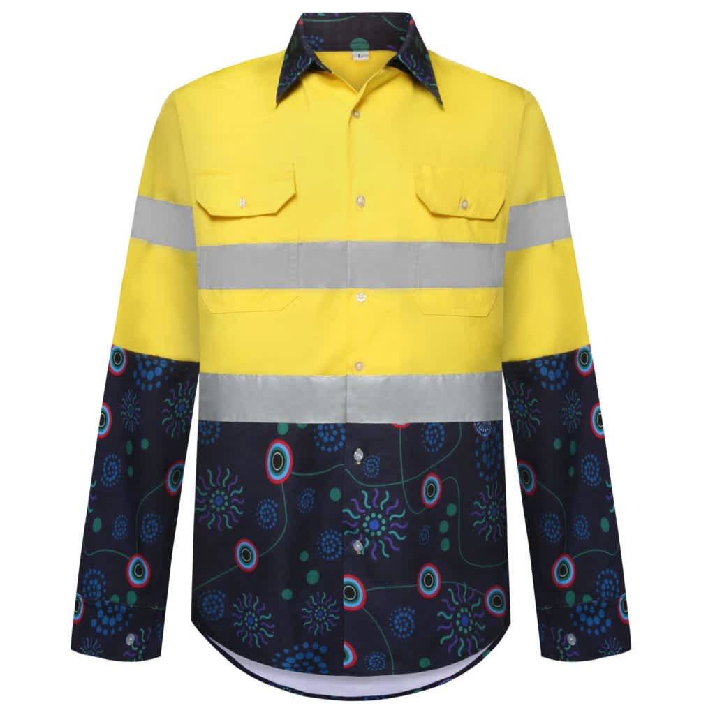 A bright yellow cotton Hawaiian shirt with reflective stripes and a dark patterned design on the lower half. A bright yellow cotton Hawaiian shirt with reflective stripes and a dark patterned design on the lower half.