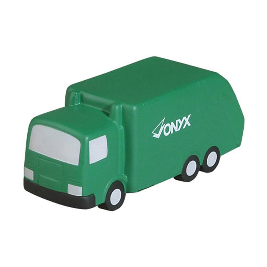 A green garbage truck-shaped stress reliever with black wheels and a white front. It features a brand logo. Garbage Truck Shape Stress Reliever - Image 1
