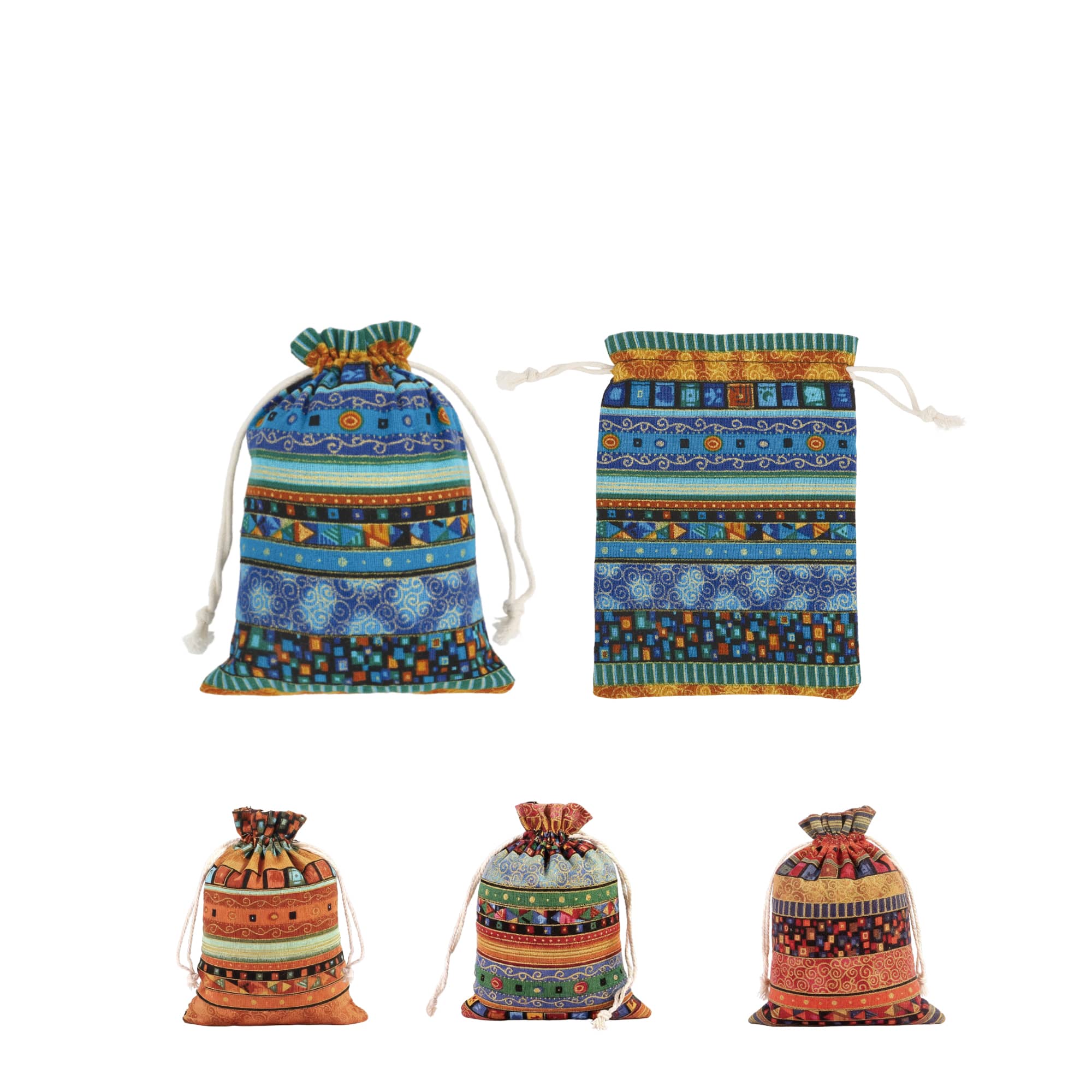 Linen burlap drawstring bags in vibrant patterns of blue, orange, and green with decorative designs and drawstring closures. Linen Burlap Drawstring Bags - Image 1