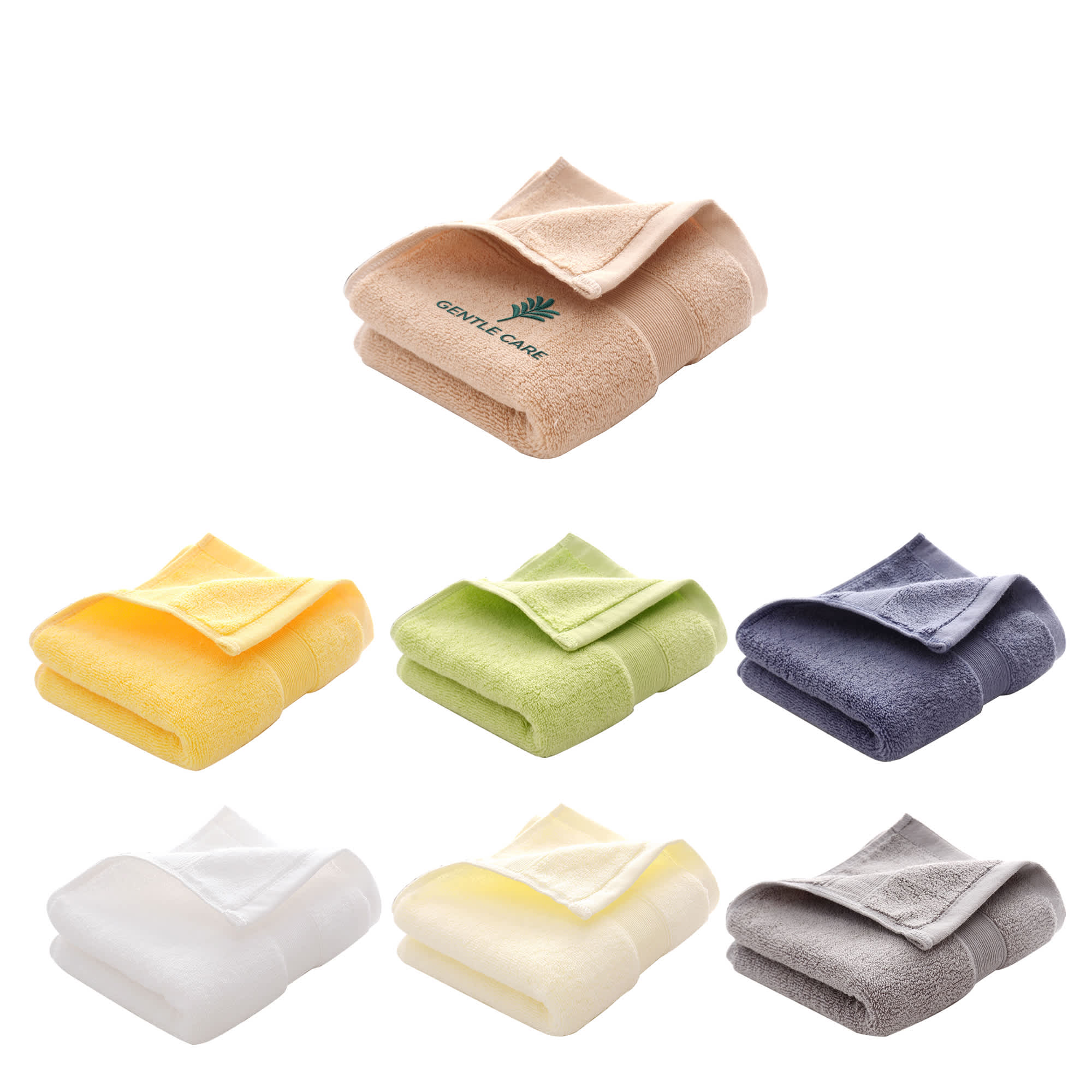 A stack of embroidered cotton hand towels in shades of beige, yellow, green, blue, grey, and white, featuring a logo. Embroidered Cotton Hand Towel - Image 1