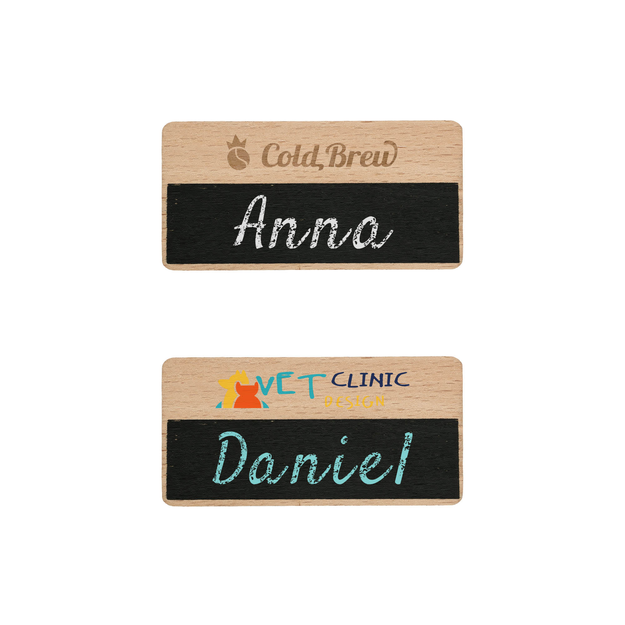 Two wooden chalkboard name badges, featuring a light wood finish with black erasable chalkboard areas. Erasable Wooden Chalkboard Name Badge - Image 1