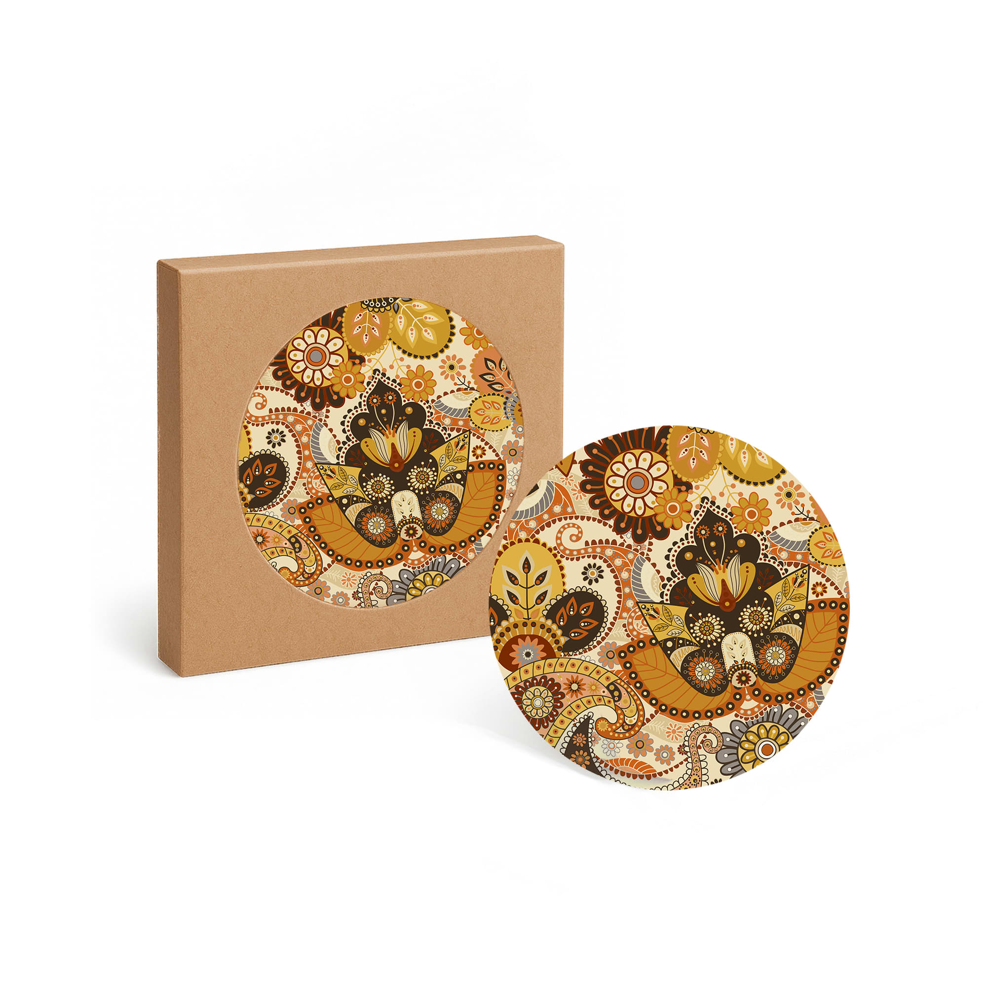 A round ceramic coaster with a floral design in warm colours, presented in a plain brown box. Round Ceramic Coaster - Image 1