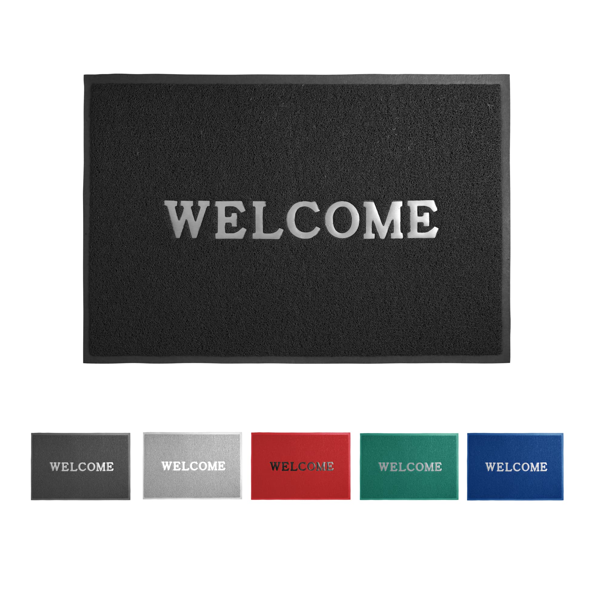 A black mat with a debossed logo and the word "WELCOME," alongside mats in grey, red, green, and blue. Deboss Spiraloop Logo Mat - Image 1