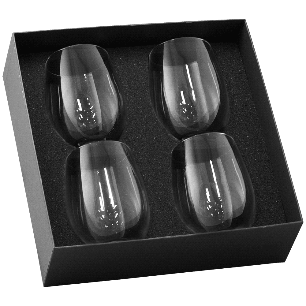 A wine glass set featuring four clear stemless glasses, presented in a sleek black box. Wine Glass Set - Image 1