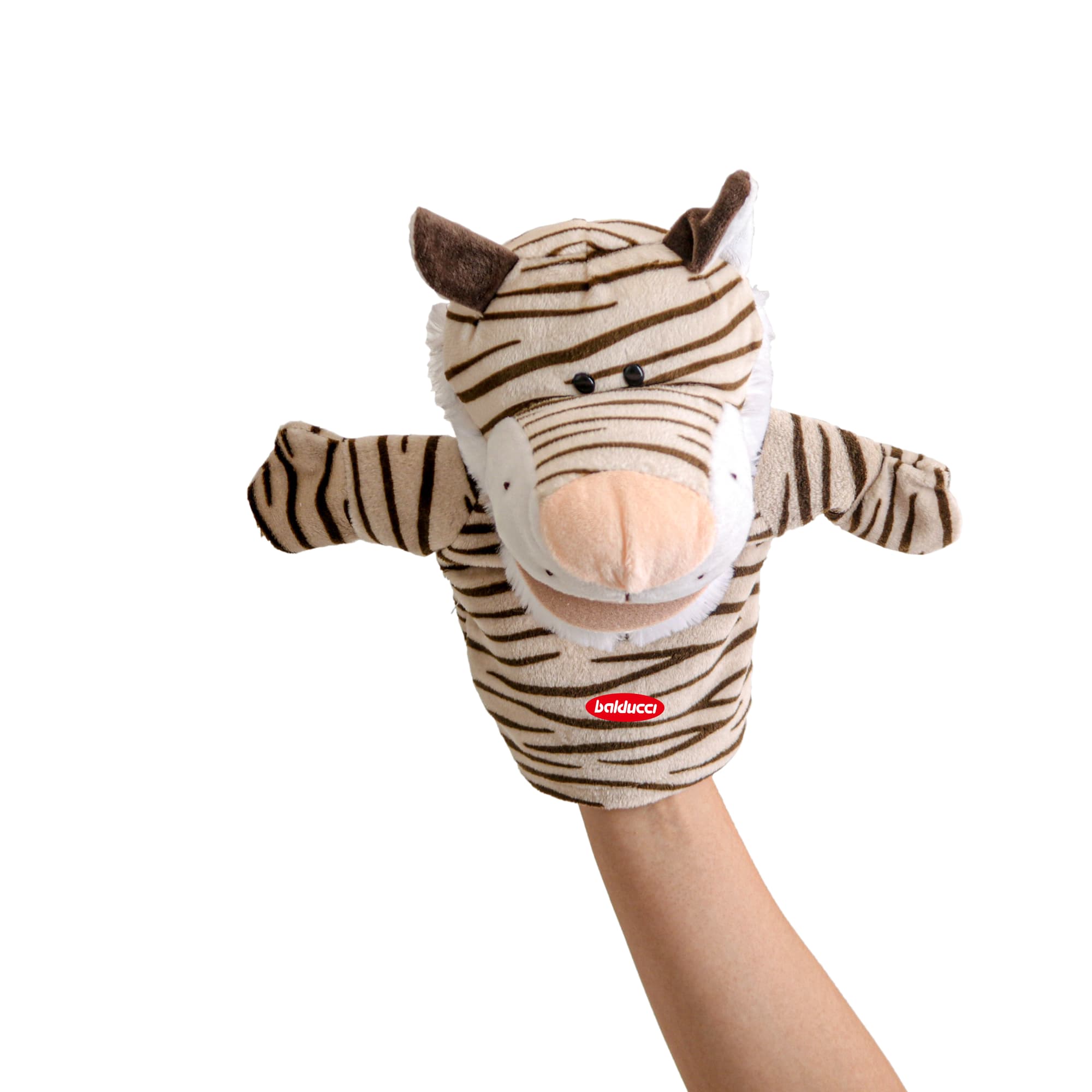 A plush tiger hand puppet with beige and brown stripes, featuring a soft muzzle and ears, shown on a hand. Tiger Hand Puppet - Image 1
