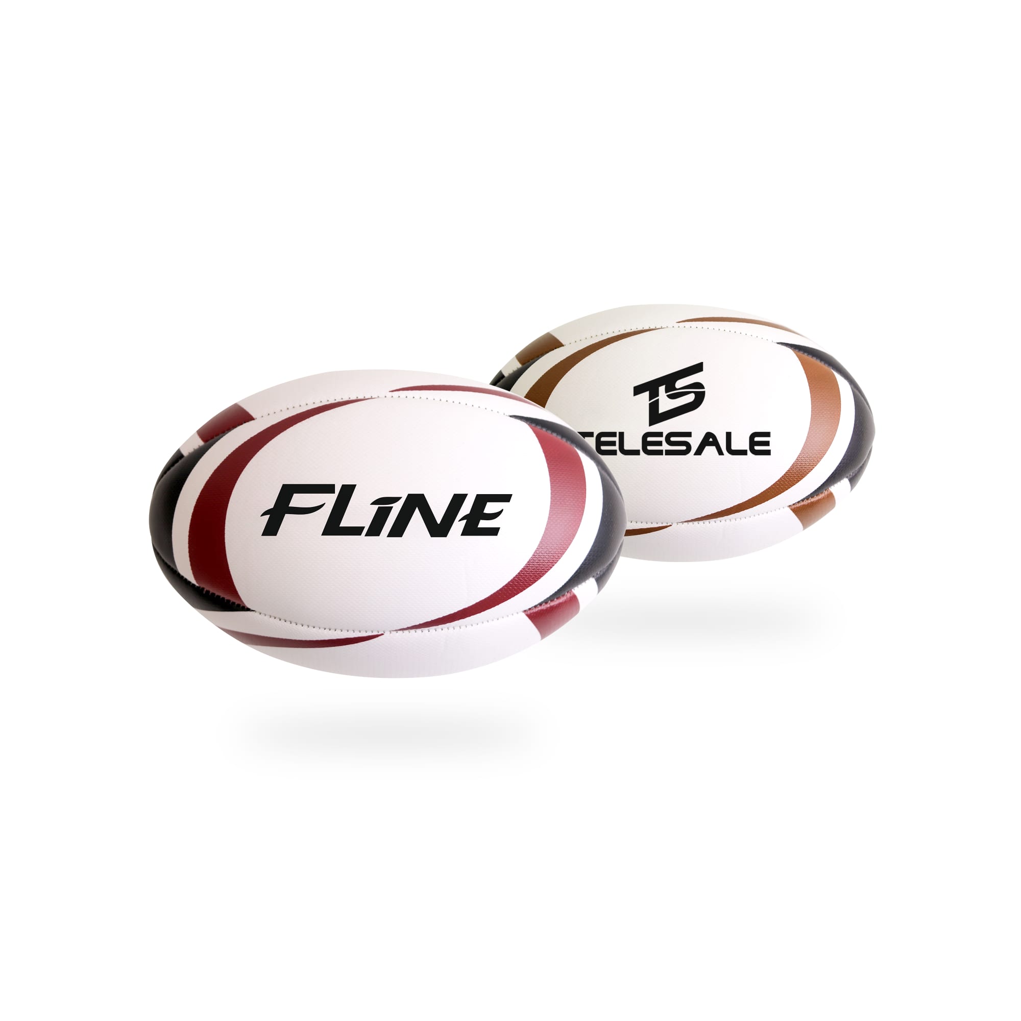 A promotional rugby ball in white with red, brown, and black detailing, featuring branding on its surface. Promotional Rugby Ball - Image 1