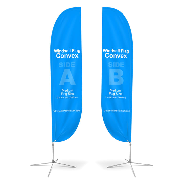 Two blue convex feather banners with a logo, displaying different sides labelled A and B. Small(65.3*200cm) Convex Feather Banners 9ft - Image 1