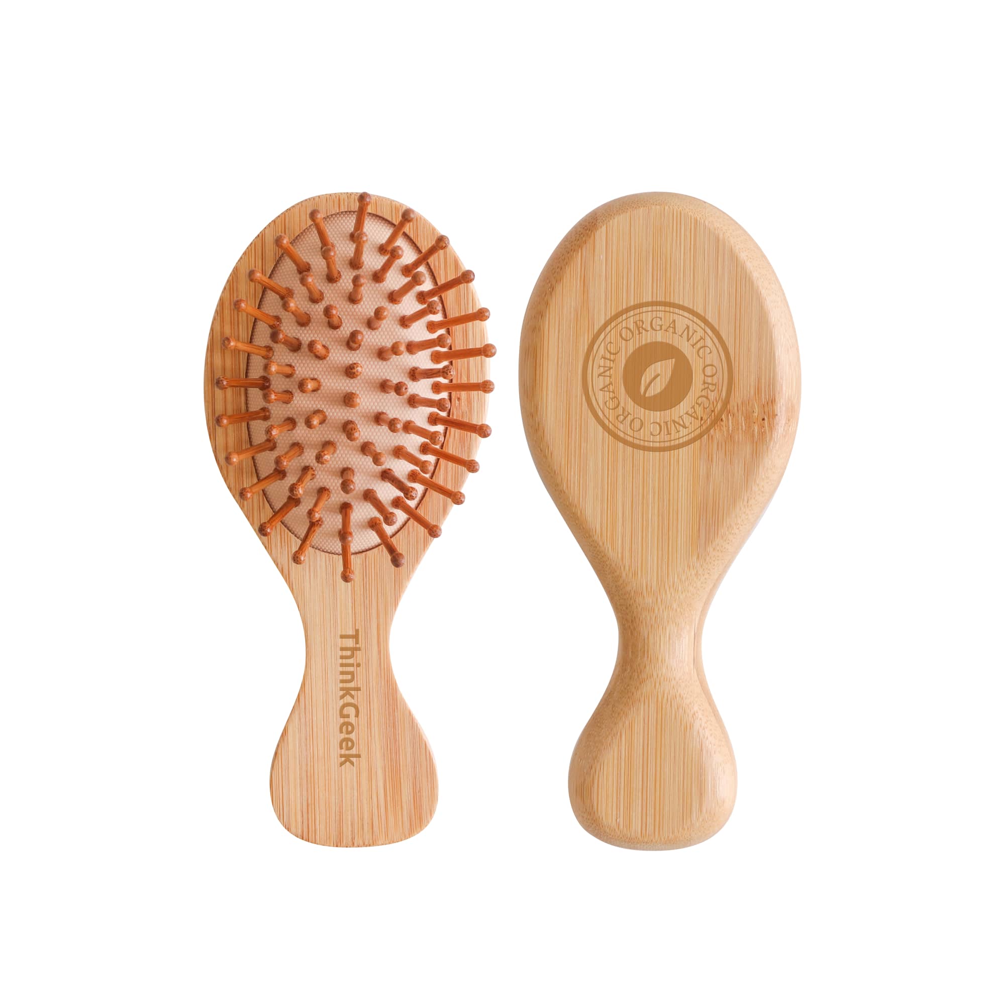 A small bamboo hairbrush featuring a wooden design with orange bristles and a branded logo on the handle. Small Bamboo Airbag Hair Brush - Image 1