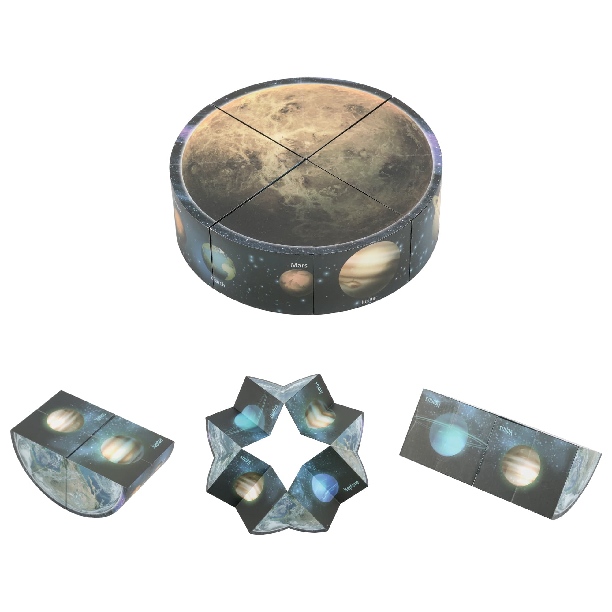 A 3D puzzle disc in space theme, featuring planets in earthy tones with diverse geometric shapes when assembled. 3D Flips Puzzle Disc Magic Cube - Image 1