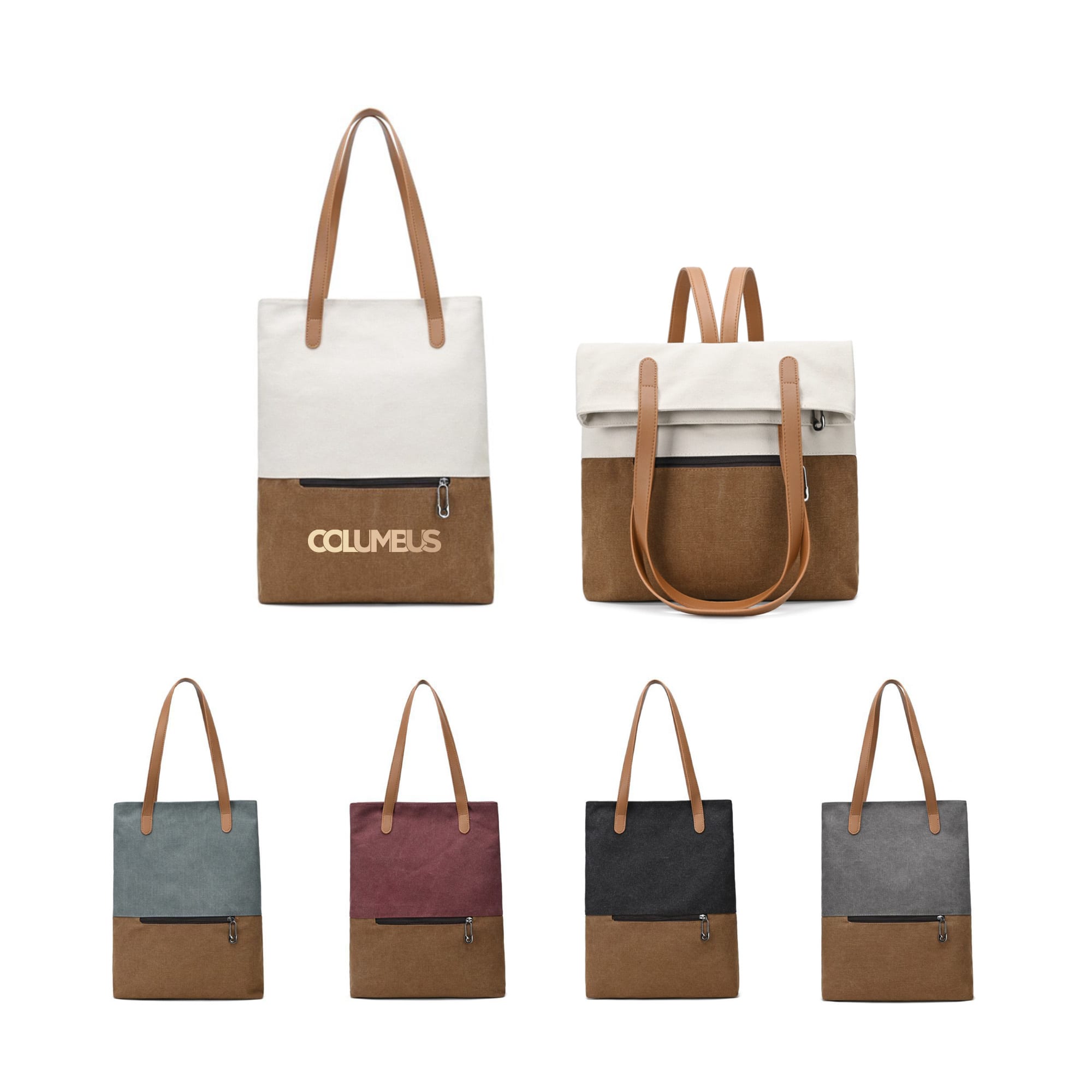 A convertible canvas backpack and tote bag in multiple colours: cream, brown, teal, burgundy, black, and grey, with a logo. Convertible Canvas Backpack to Tote Bag - Image 1