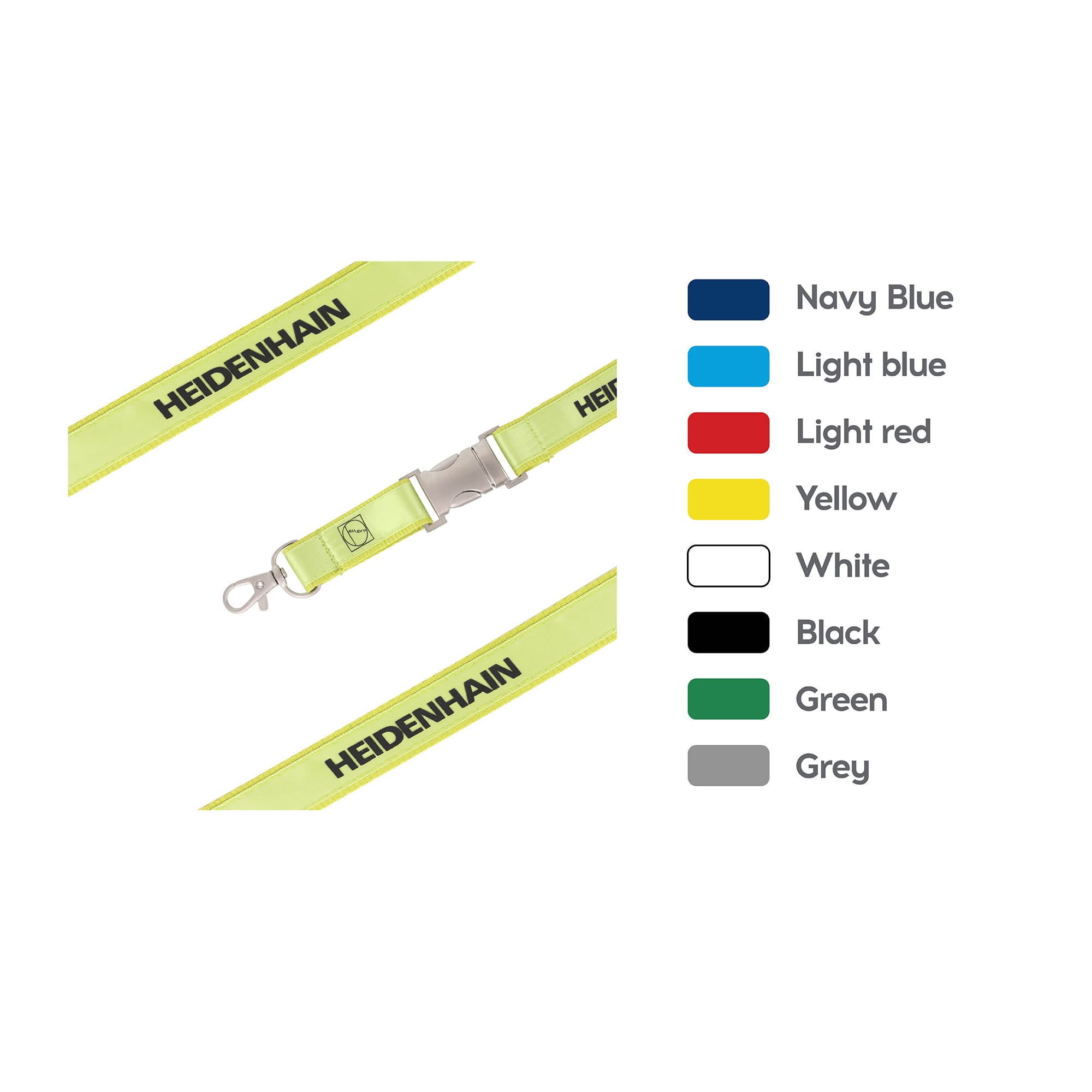 A bright yellow poly satin lanyard with a clip and branding, alongside colour options including navy blue, light blue, and red. Poly Satin Lanyard - Image 1