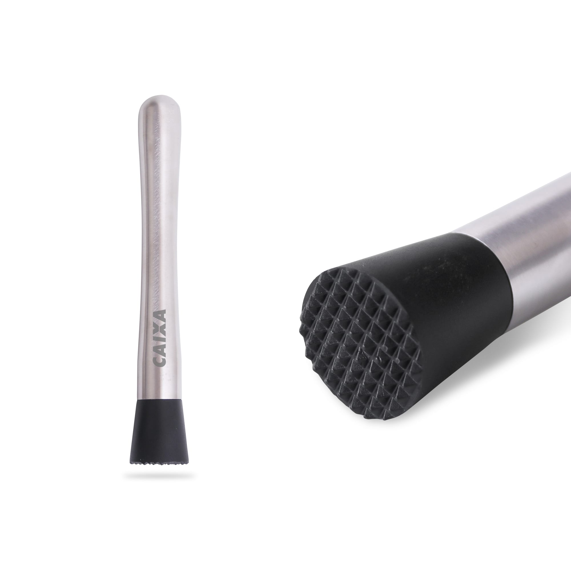 A stainless steel cocktail muddler with a black textured base and a smooth silver handle, featuring a logo. Short Stainless Steel Cocktail Muddler - Image 1