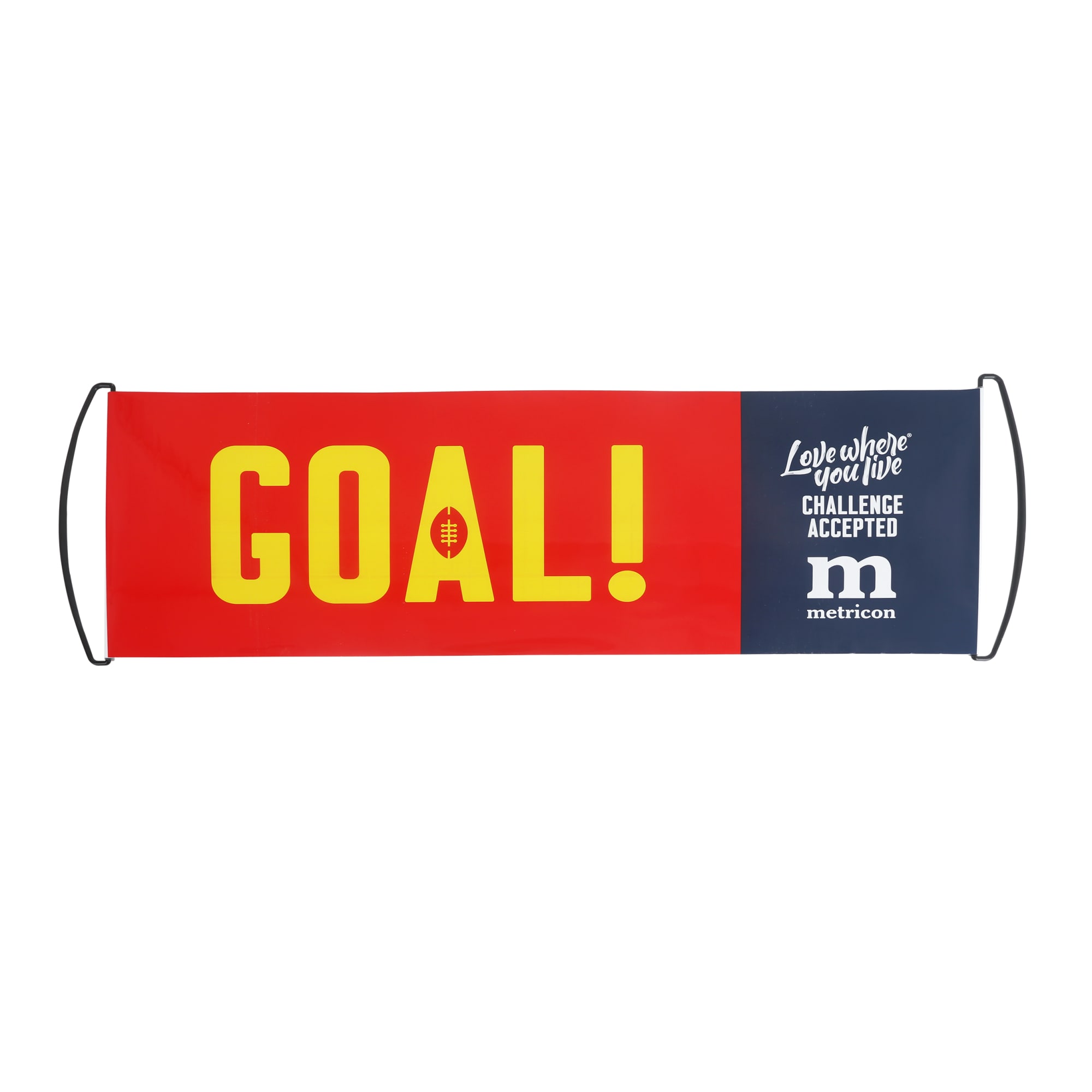 A hand-held fan flag featuring a red background with bold yellow text that reads "GOAL!" and a blue section with a logo. Hand Held Roll Out Fan Flag - Image 1