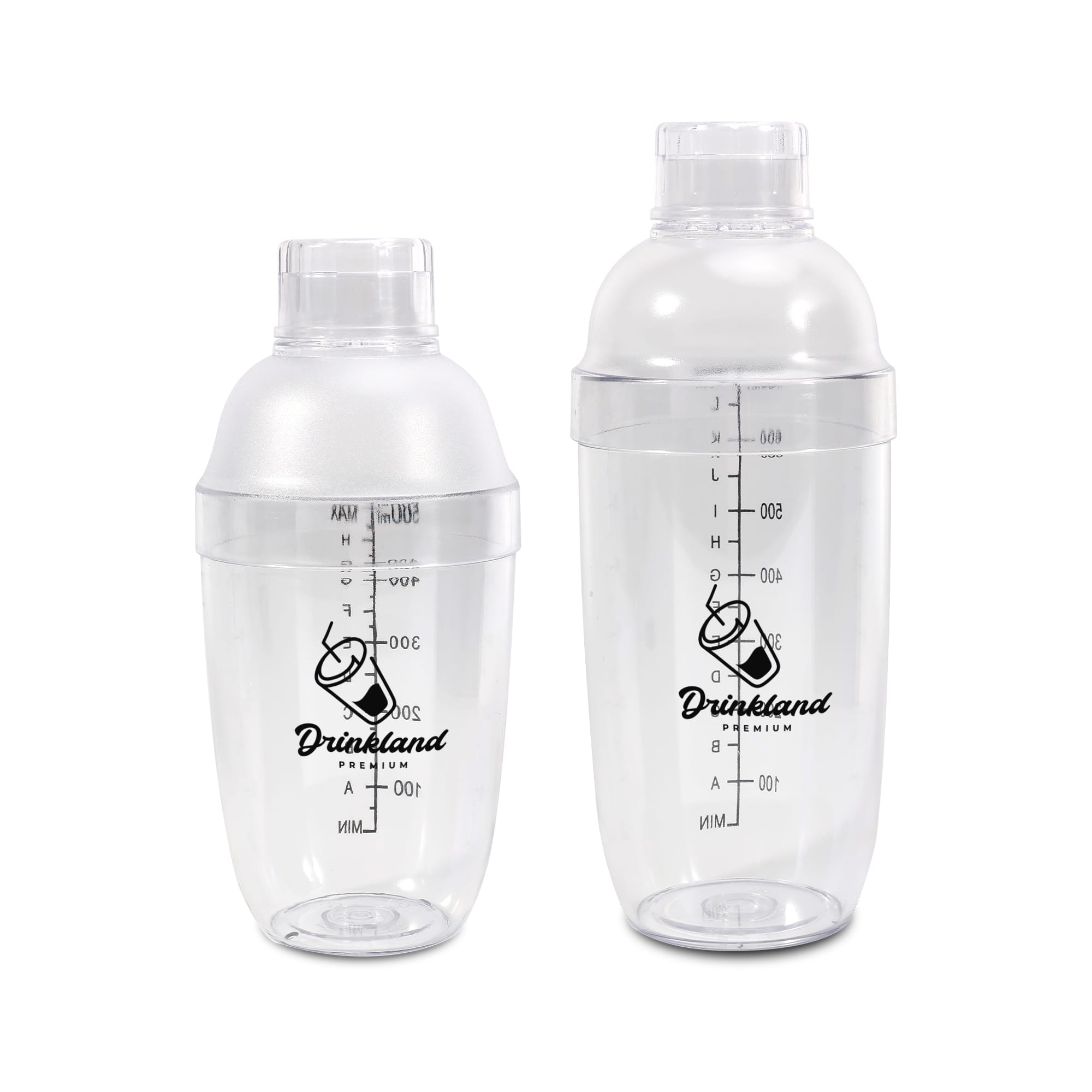 A drink bottle set featuring clear plastic shakers with a filter top and measurement markings, including a logo. Classic Shaker with Filter Top - Image 1