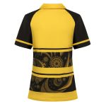 A vibrant yellow and black Hawaiian shirt with a decorative patterned design and a collar. Features a logo on the back.