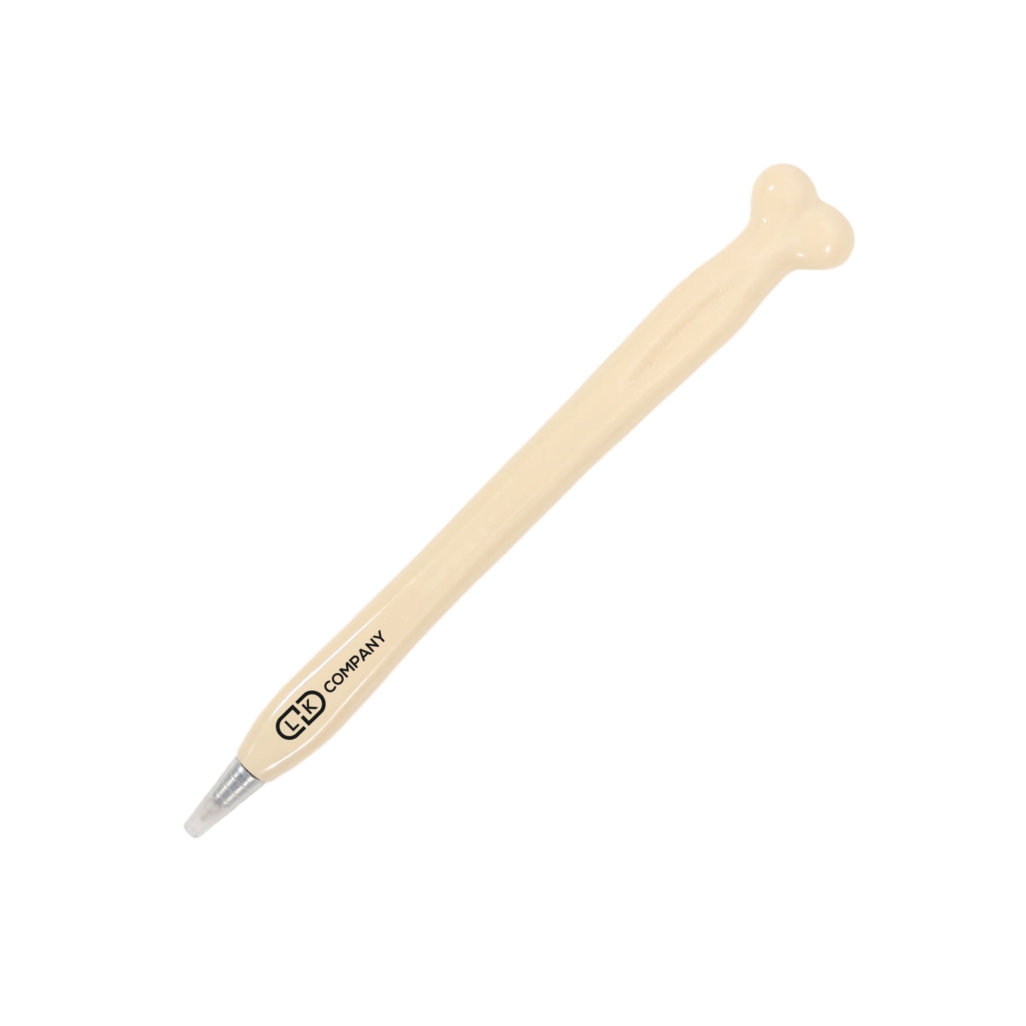 A bone-shaped pen in cream colour with a silver tip and a logo on the side. Generic Bone Pen - Image 1
