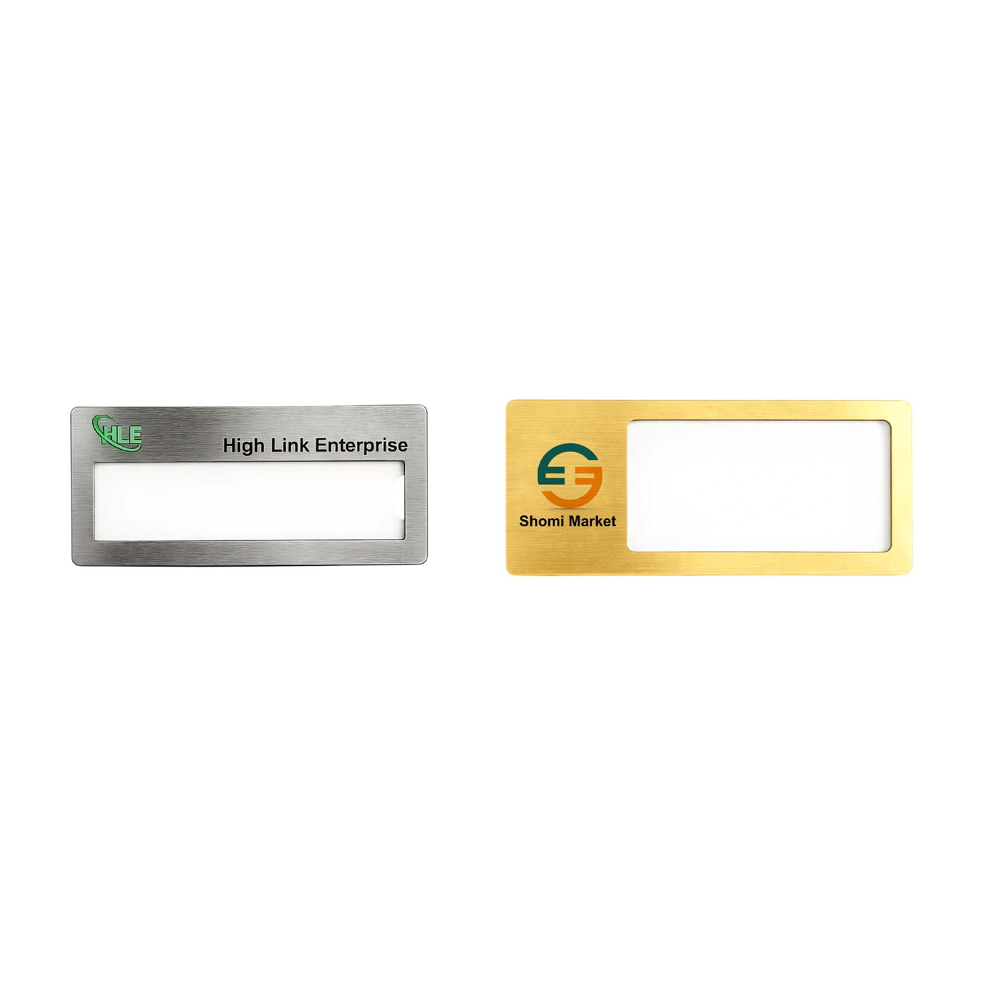 Two reusable metal name badges in silver and gold finishes, featuring a clear window for name display and logos. Reusable Metal Name Badge - Image 1