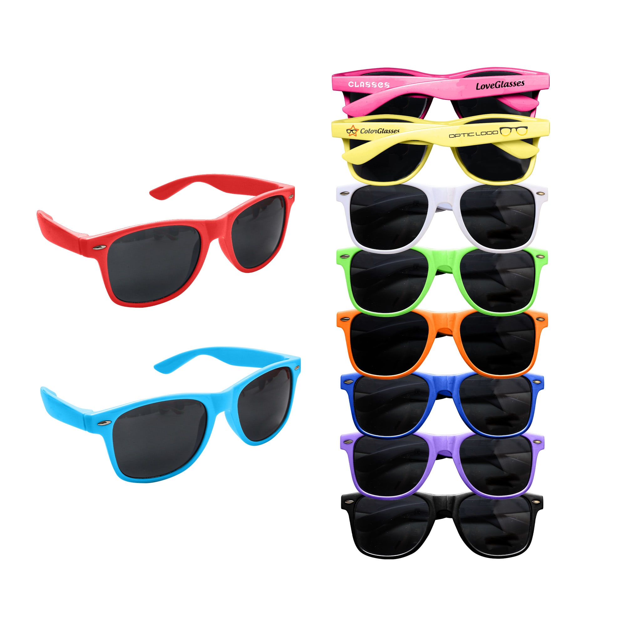 Coloured classic sunglasses in red, blue, purple, green, orange, black, and white, displayed in a stack. Coloured Classic Sunglasses - Image 1
