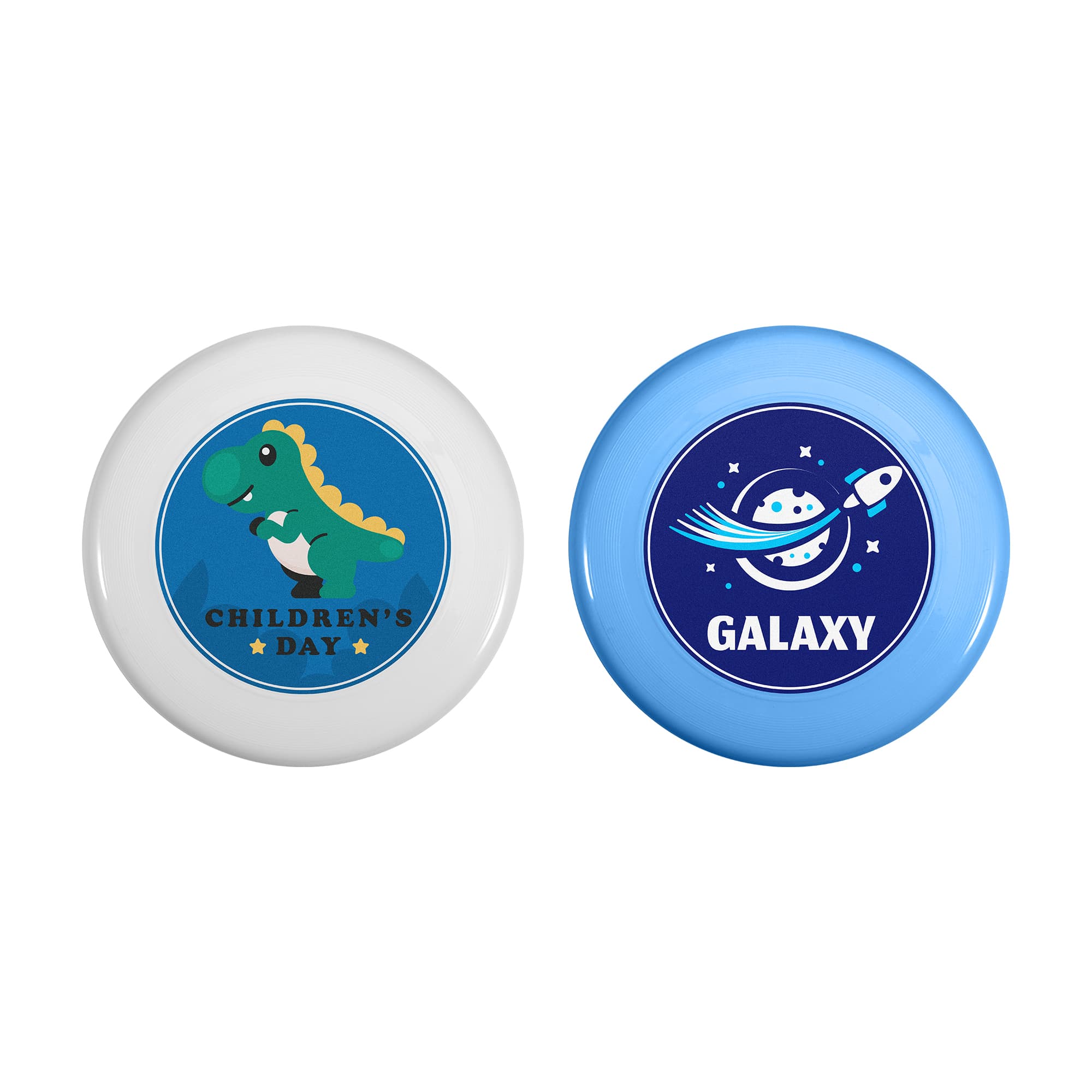 Two flying discs, one white featuring a dinosaur, and one light blue with a rocket and planet design, both with logos. PP Flyer - Image 1