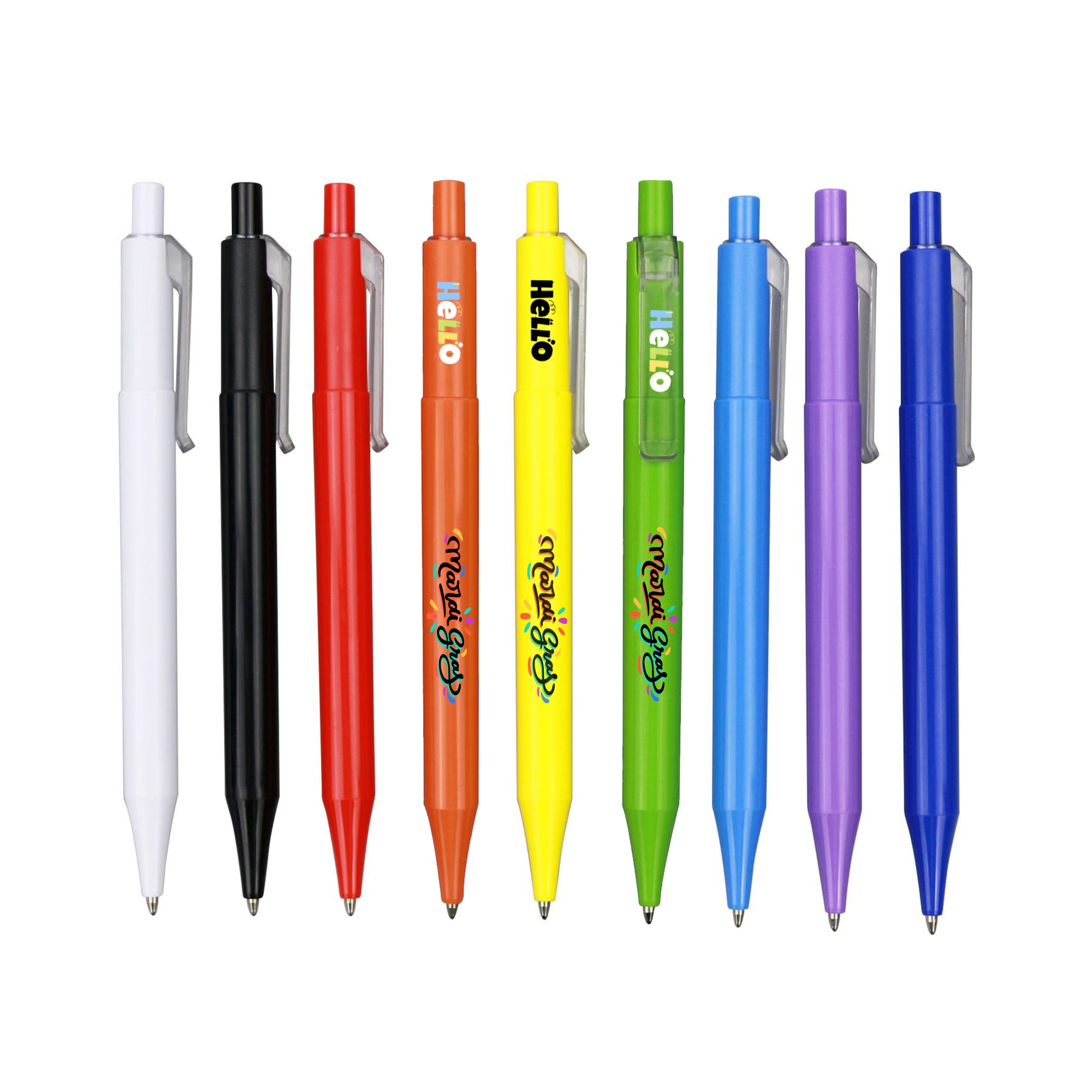 A selection of plastic pens in various colours, including white, black, red, yellow, green, blue, and purple, featuring a logo. Candle Pen - Colour Barrel - Image 1