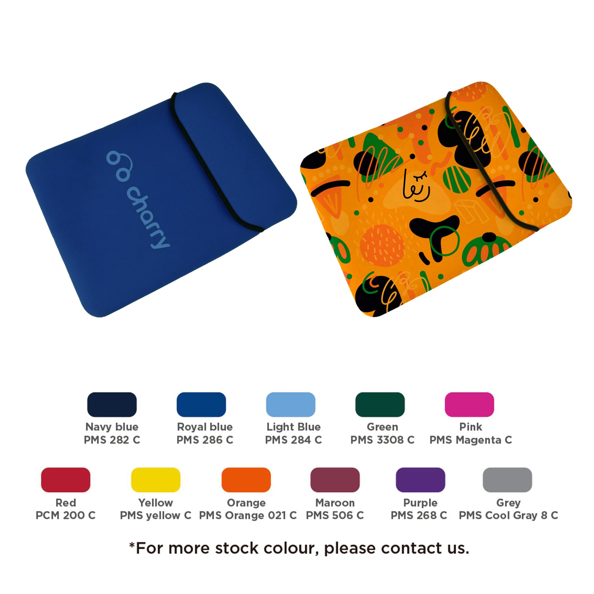 A blue and an orange tablet PC bag featuring abstract designs, with logos and multiple colour options displayed below. Tablets PC Bag - Image 1