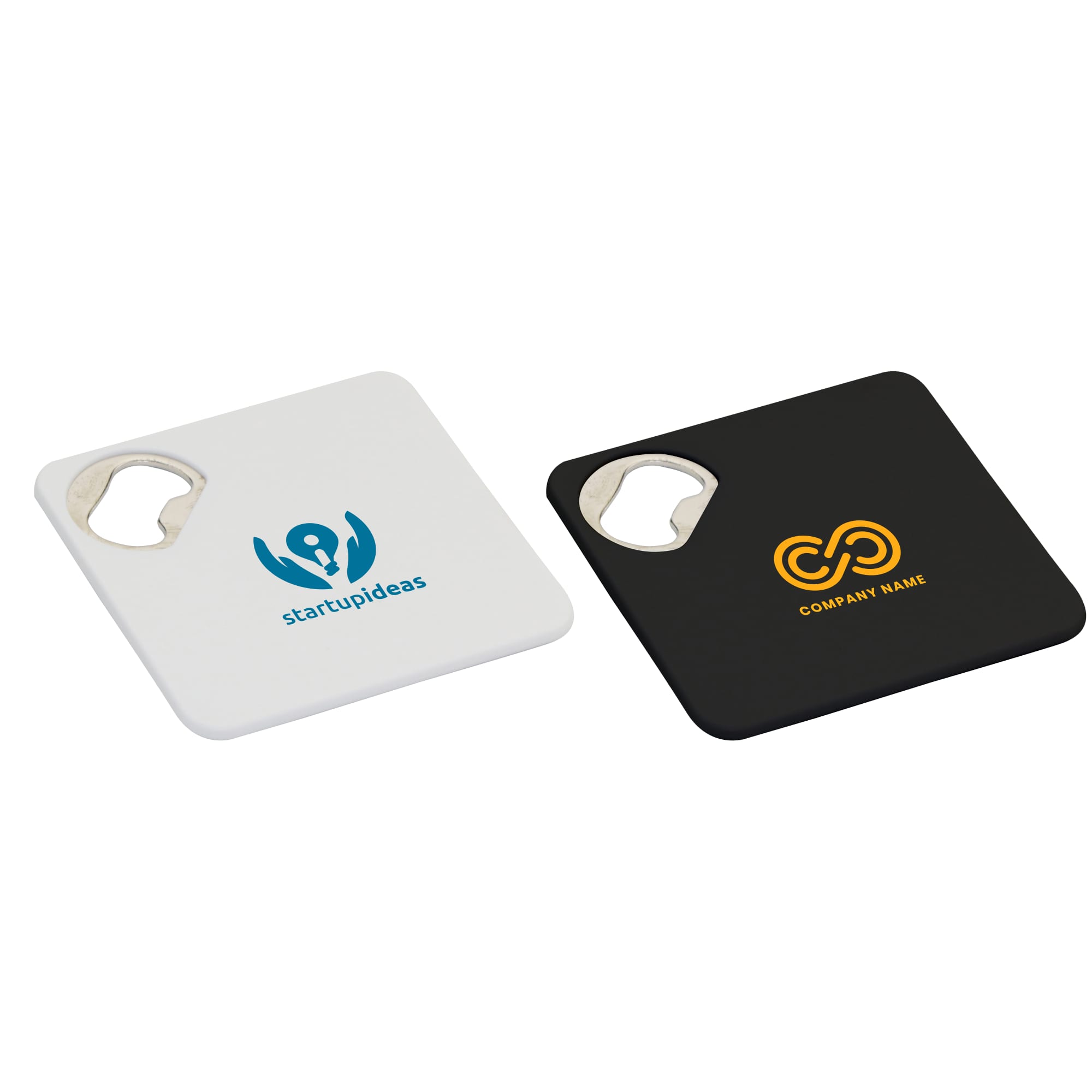 A drink bottle opener coaster in white and black with logos, featuring a bottle opener cutout on one corner. Coaster Bottle Opener - Image 1
