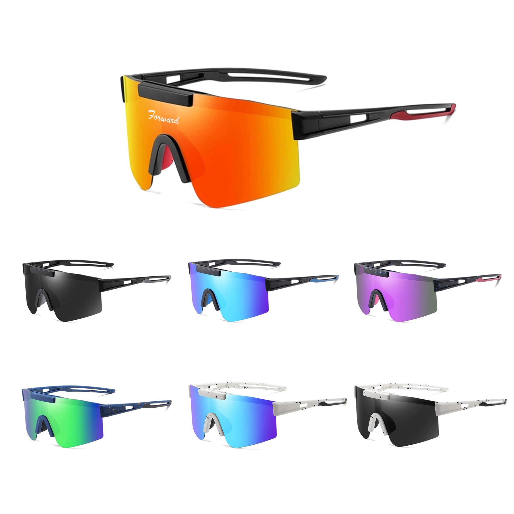 Frameless sports sunglasses in various colours, including orange, black, green, blue, and purple, with a logo. Frameless Sports Sunglasses - Image 1