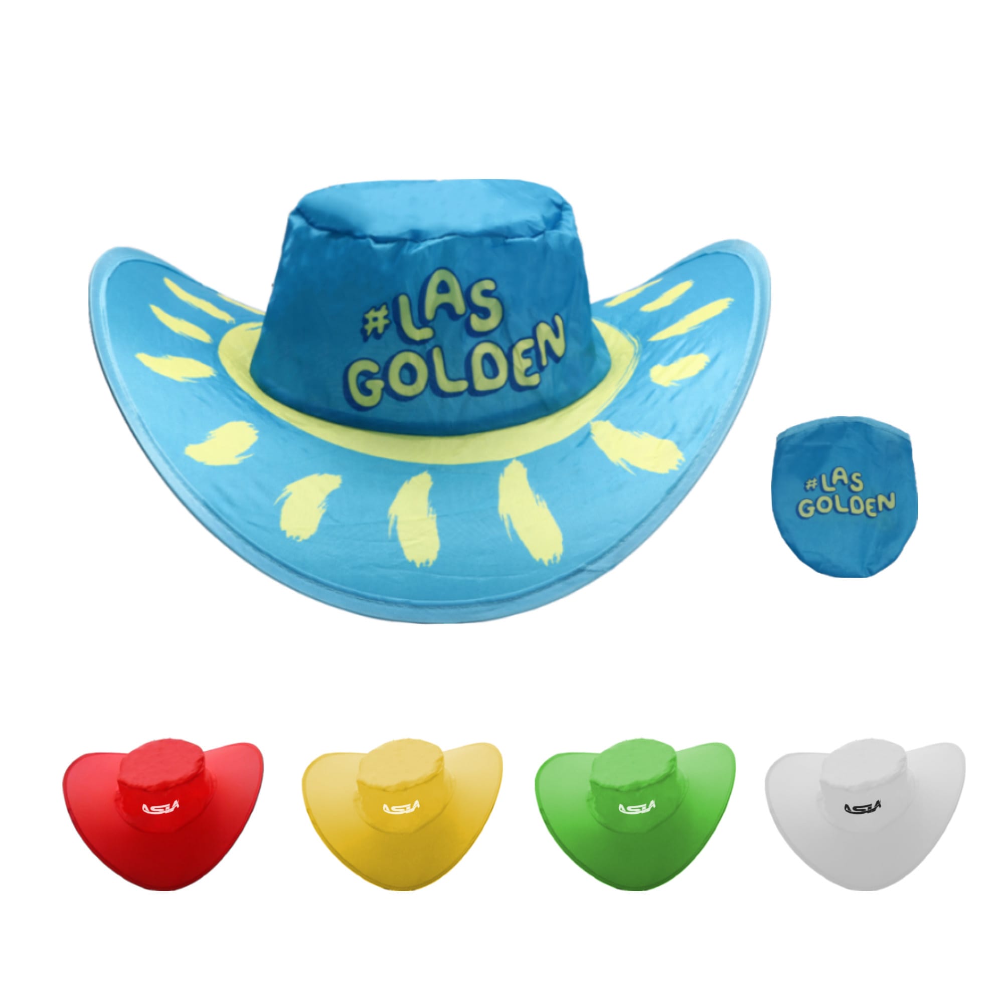 A foldable cowboy hat in blue with yellow accents and a pouch, featuring a logo. Also available in red, yellow, green, and white. Foldable Cowboy Hat with Pouch - Image 1