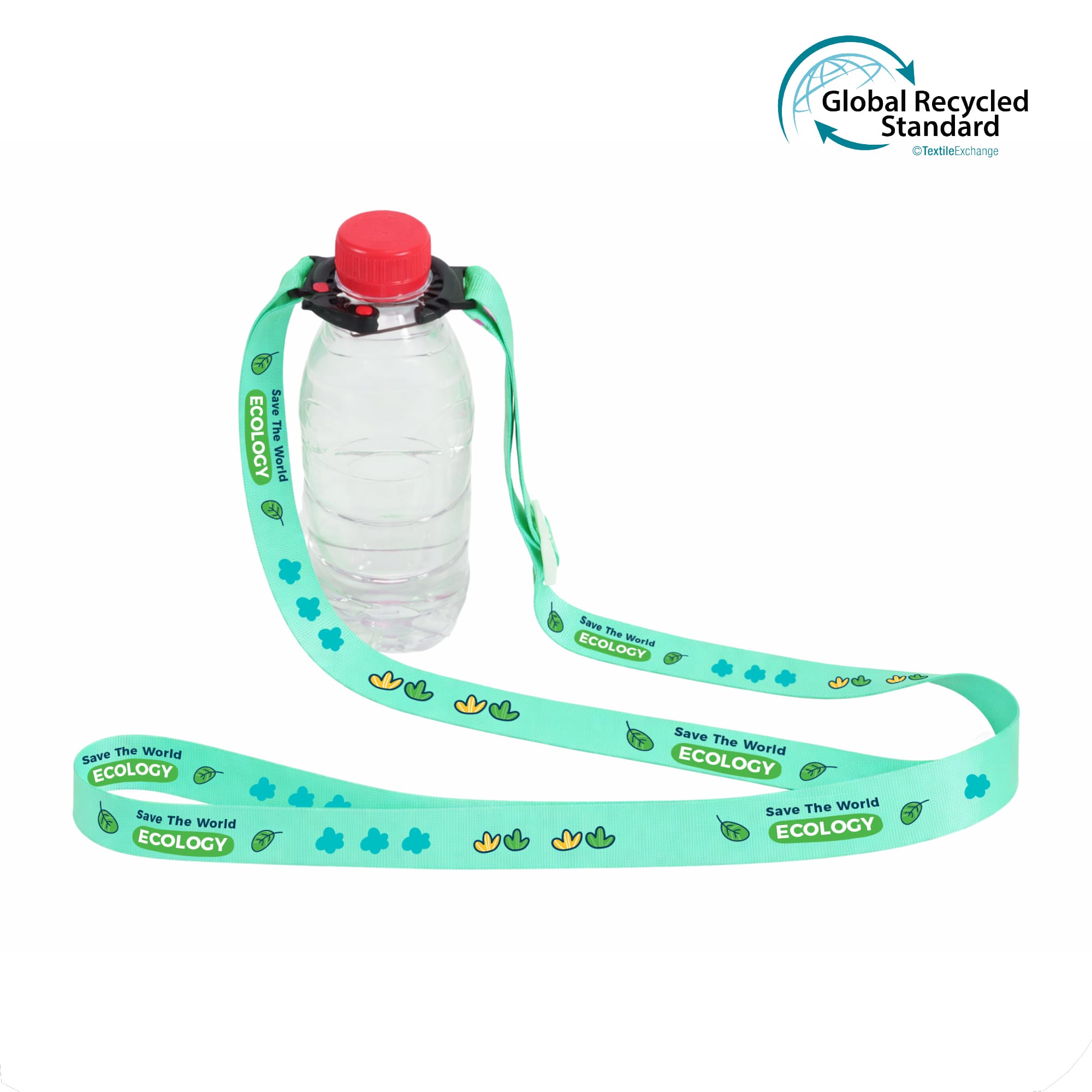 A drink bottle with a red cap attached to a mint green lanyard featuring various designs and a logo. RPET Water Bottle Lanyard - Image 1