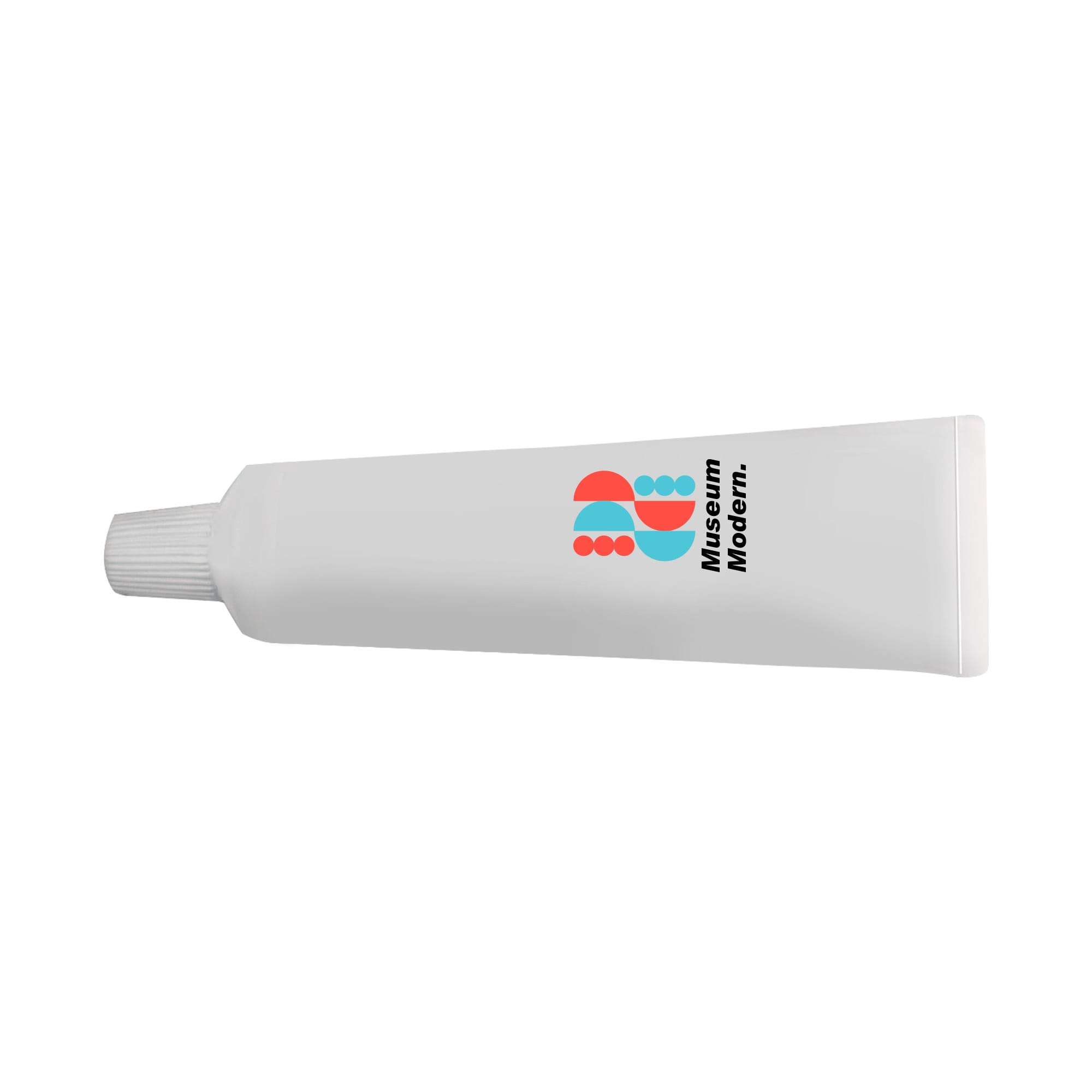 A white, tube-shaped stress reliever resembling toothpaste, featuring a logo in blue and red. Toothpaste Shape Stress Reliever - Image 1