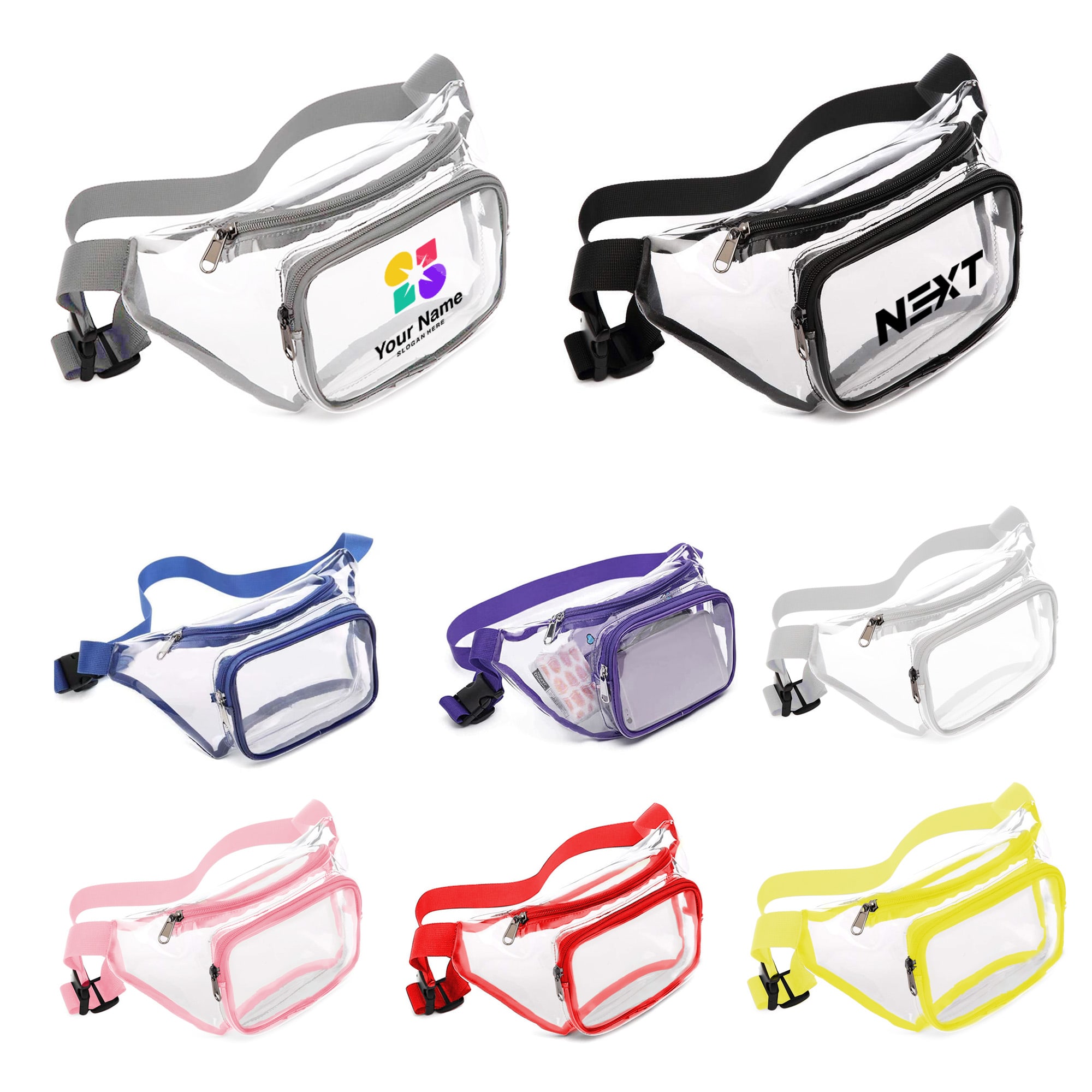 A collection of eight clear fanny packs in various colours, featuring different designs and a logo on some. Clear Fanny Pack - Image 1