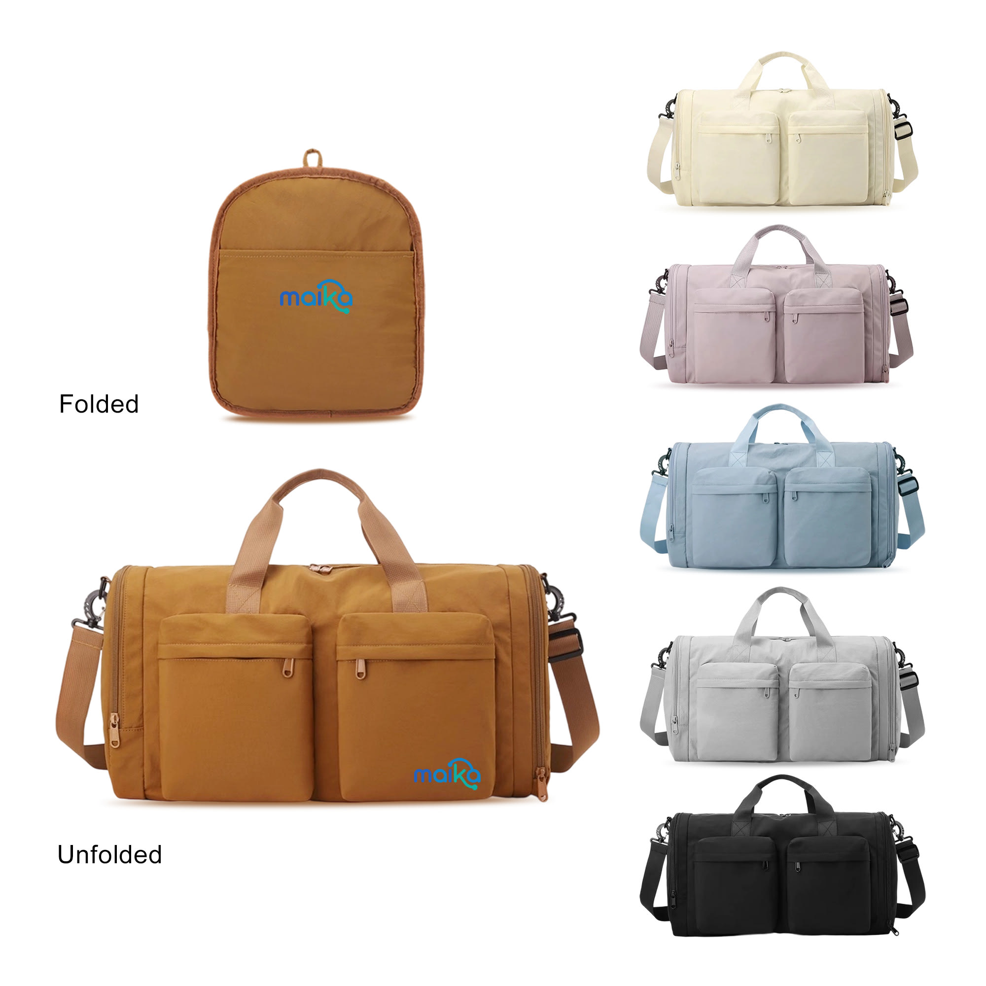 Foldable travel duffle bags in various colours: tan, blush, grey, blue, and black. Each bag has a logo and multiple pockets. Foldable Travel Duffle Bag - Image 1