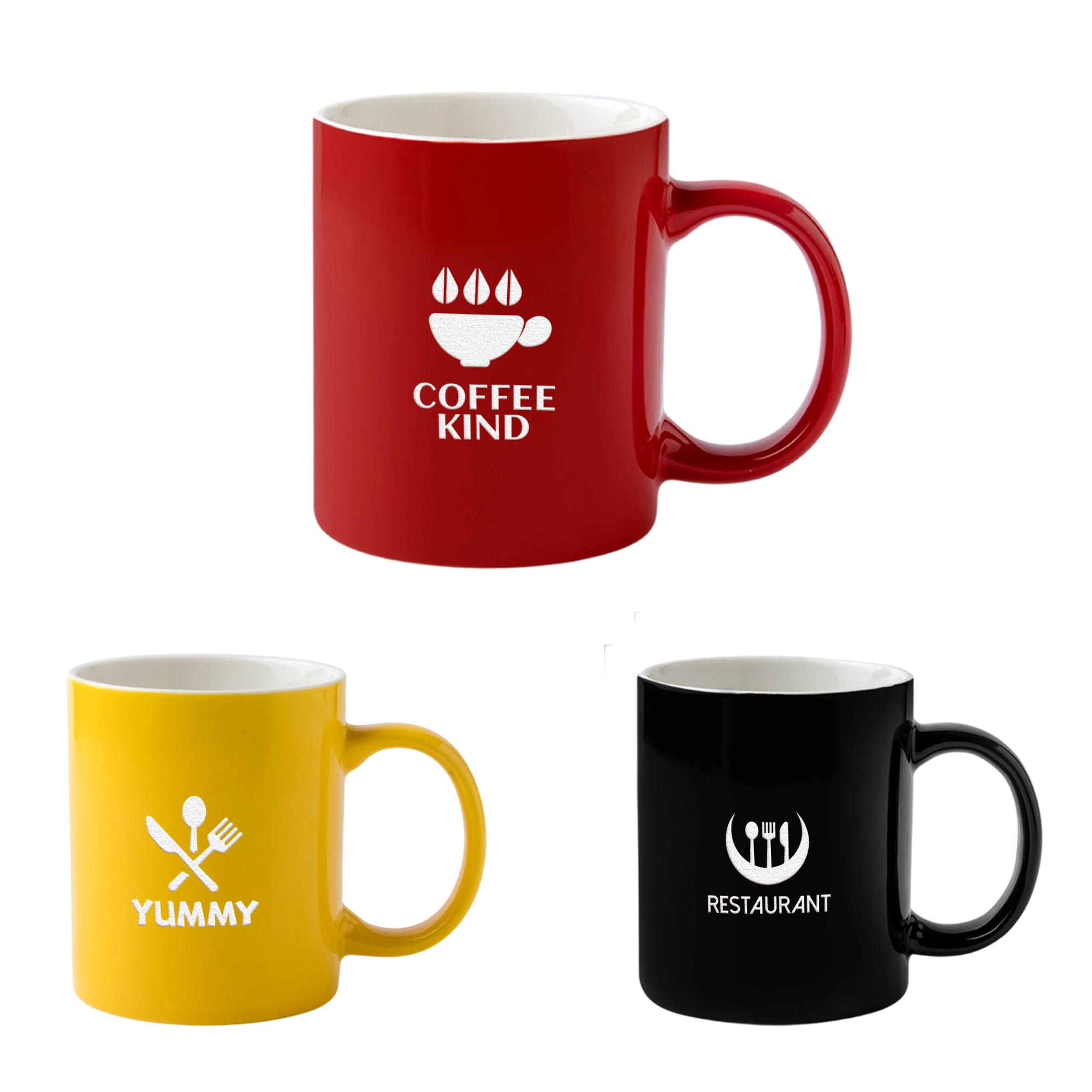 A set of three ceramic mugs in red, yellow, and black, each with a different design and logo. Laser Engraving Ceramic Mug - Image 1