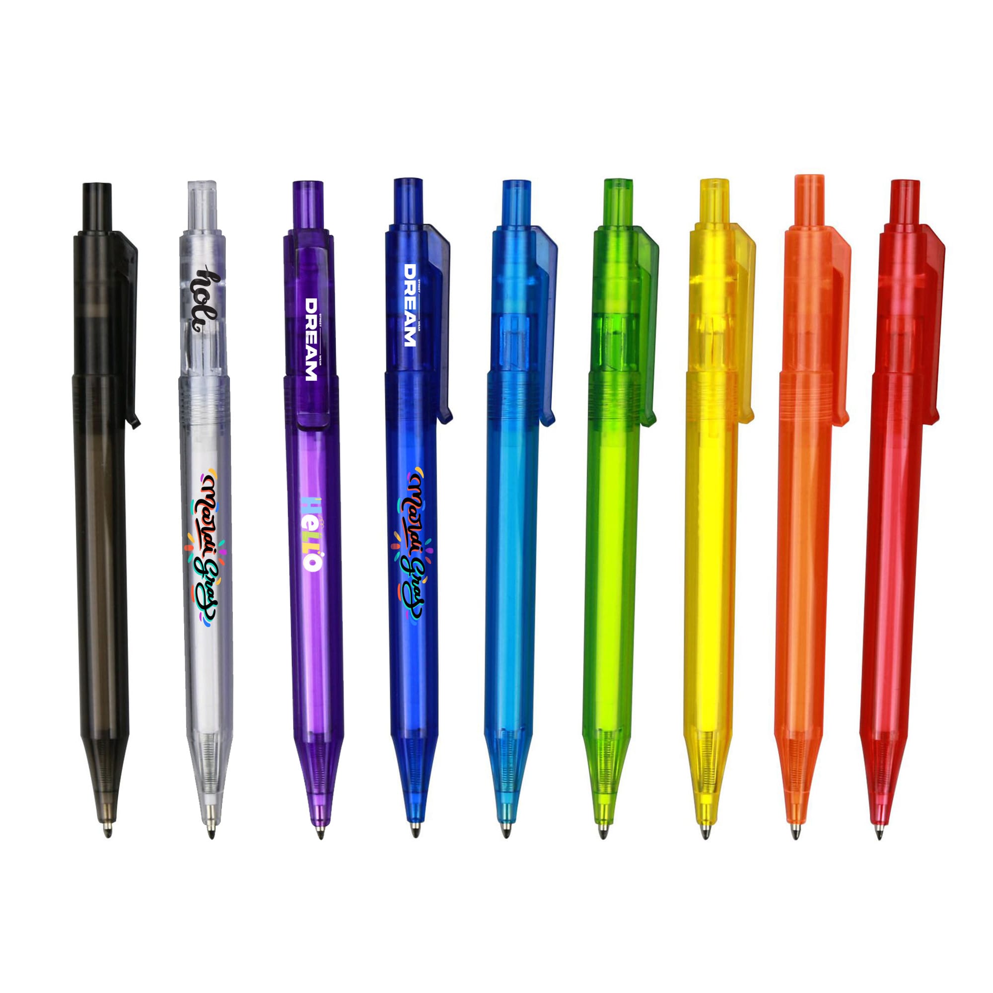 A selection of plastic pens in various transparent barrel colours: black, clear, purple, blue, green, orange, and yellow. Candle Pen - Transparent Barrel - Image 1
