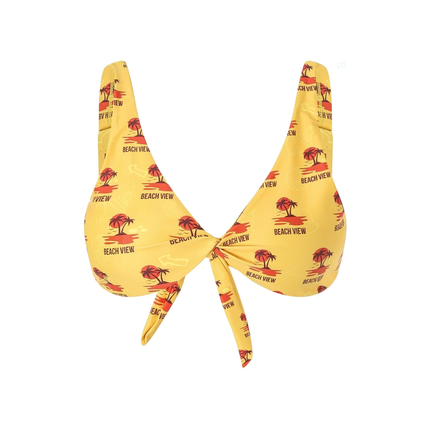 A yellow bikini top featuring a tropical print with palm trees and the text "BEACH VIEW." It has a tie at the front and a logo. Women's Polyester Spandex Sublimated Bikini top - Image 1