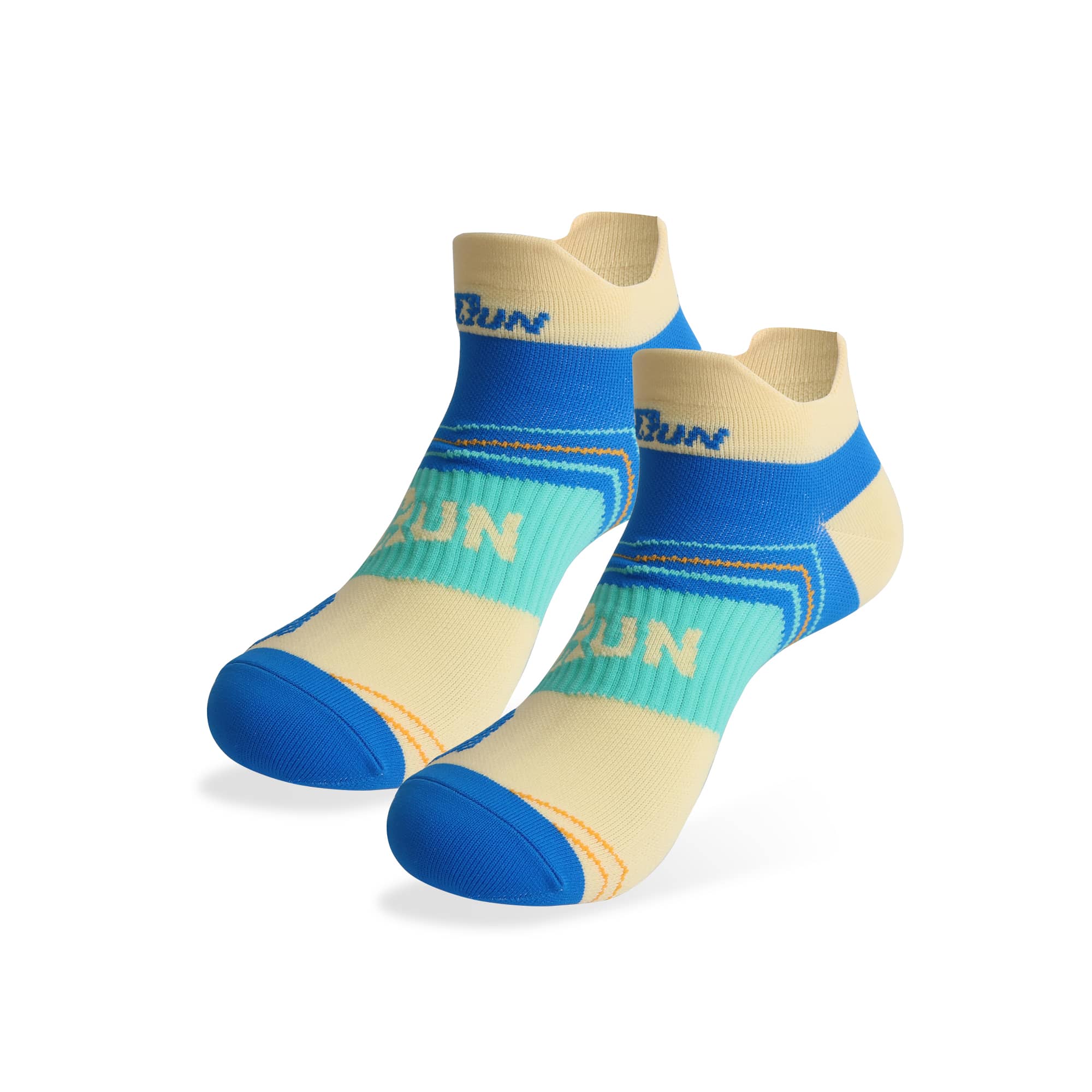 A pair of no-show running socks in light yellow, blue, and aqua, featuring a logo and geometric patterns. No Show Running Sock - Image 1