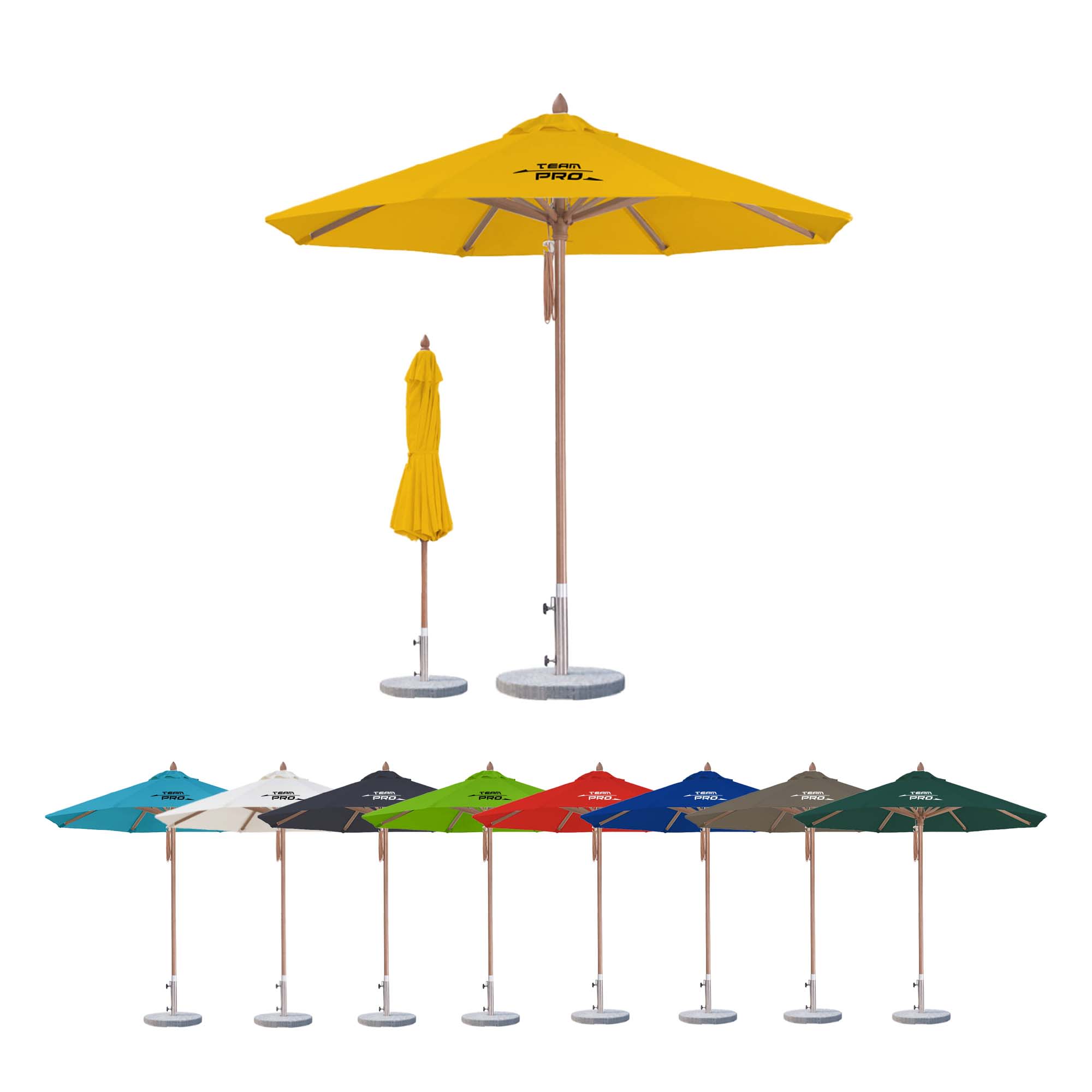 A yellow wind-resistant octagon outdoor umbrella with various colour options displayed. The umbrella has a logo. 2x2m Wind-resistant Octagon Stock Colour Outdoor Umbrella - Image 1