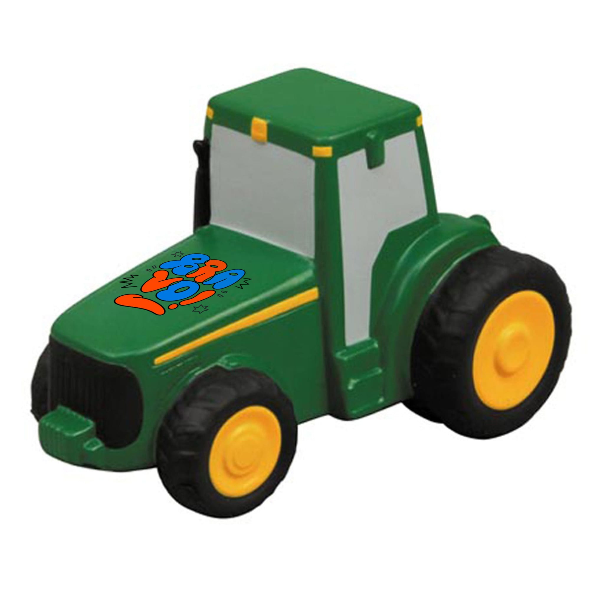 A green tractor-shaped stress reliever with yellow wheels and a logo on the side. Tractor Shape Stress Reliever - Image 1