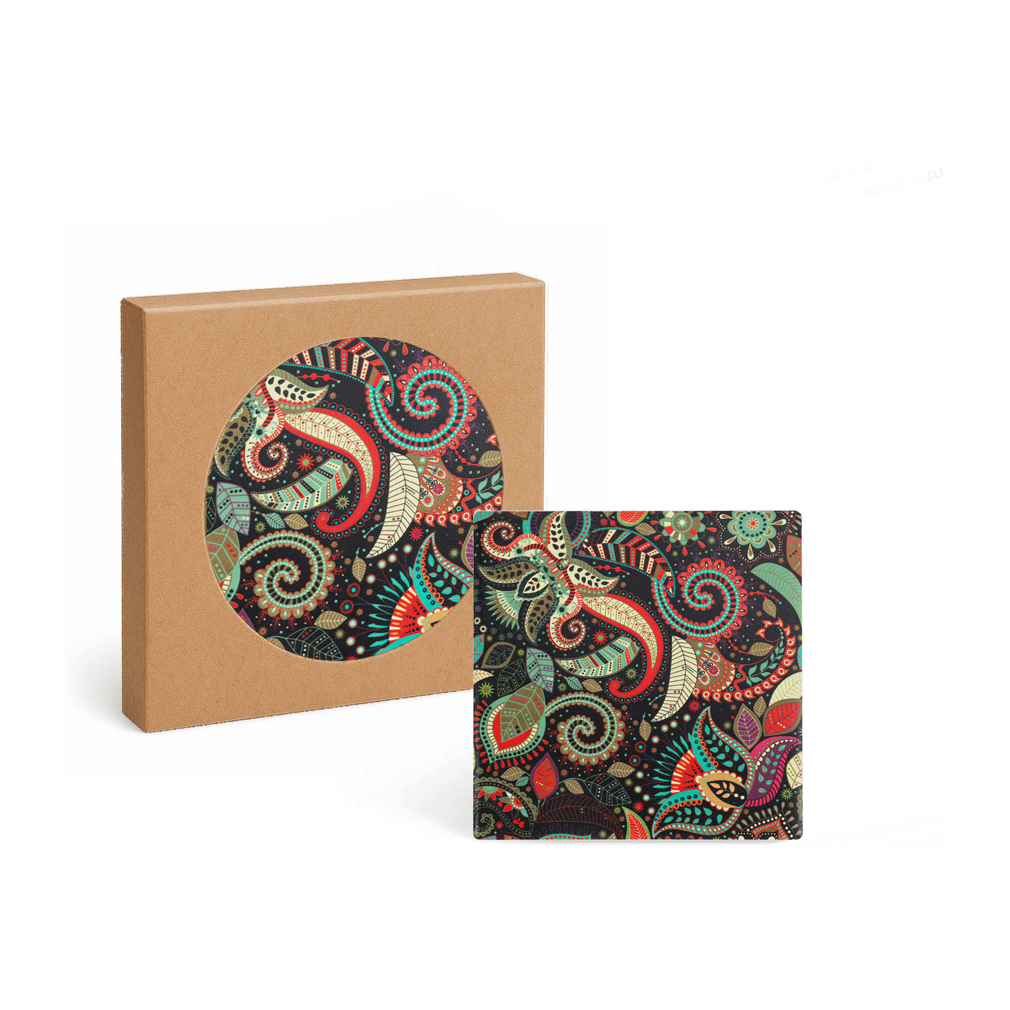 A square ceramic coaster featuring a colourful paisley design, displayed alongside its brown packaging. Square Ceramic Coaster - Image 1