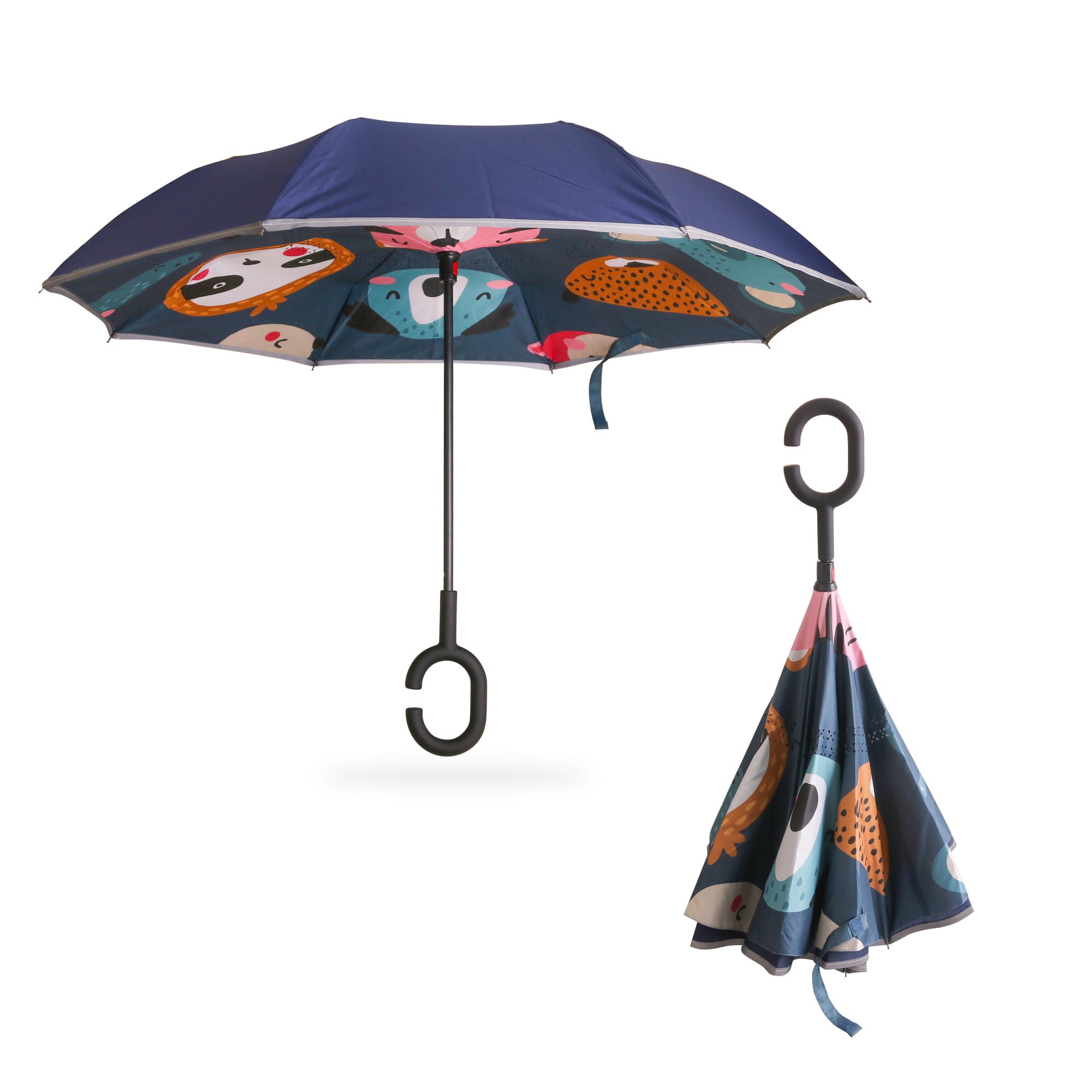 A reversible folding umbrella featuring a navy blue exterior and colourful animal prints on the inside, with a hook handle. Children's Reversible Folding Umbrella - Image 1