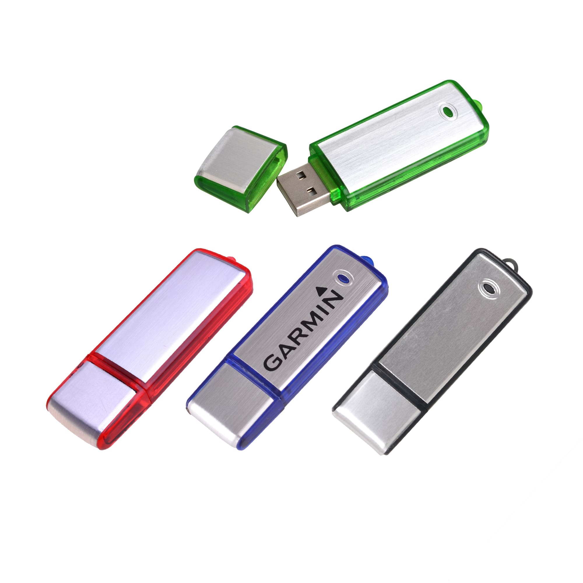 A collection of four multicoloured flash drives in red, green, and blue, with silver metal casing and a logo. Pluto Flash Drive - Image 1
