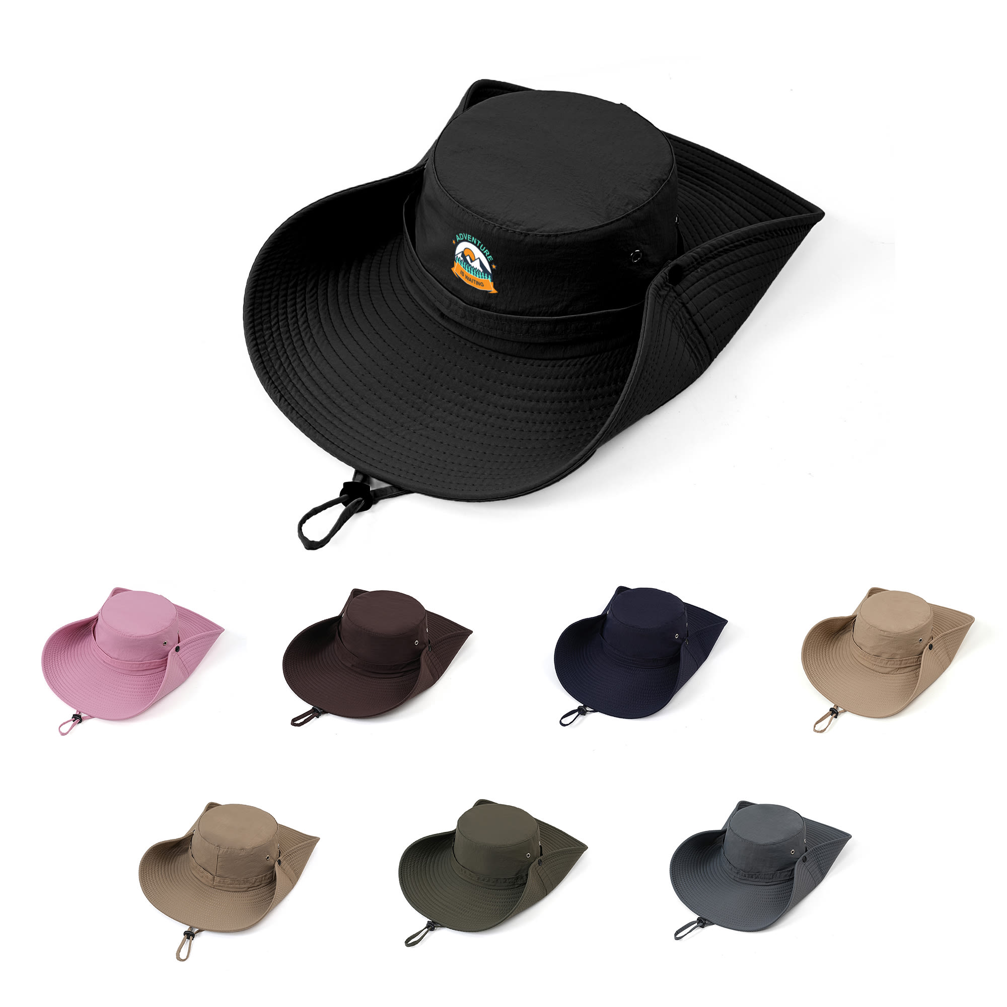 A wide-brim sun hat in black, with a logo, accompanied by hats in pink, tan, brown, navy, and grey. Wide Brim Sun Hat - Image 1