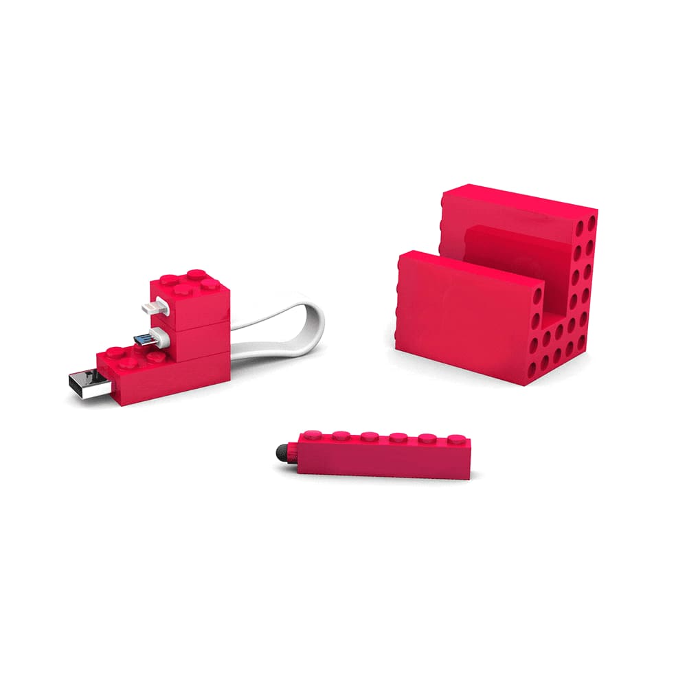 A 3-in-1 mobile set in bright red, featuring a USB flash drive, stylus, and mobile stand, all with a block design. 3-In-1 Mobile Set - Image 1