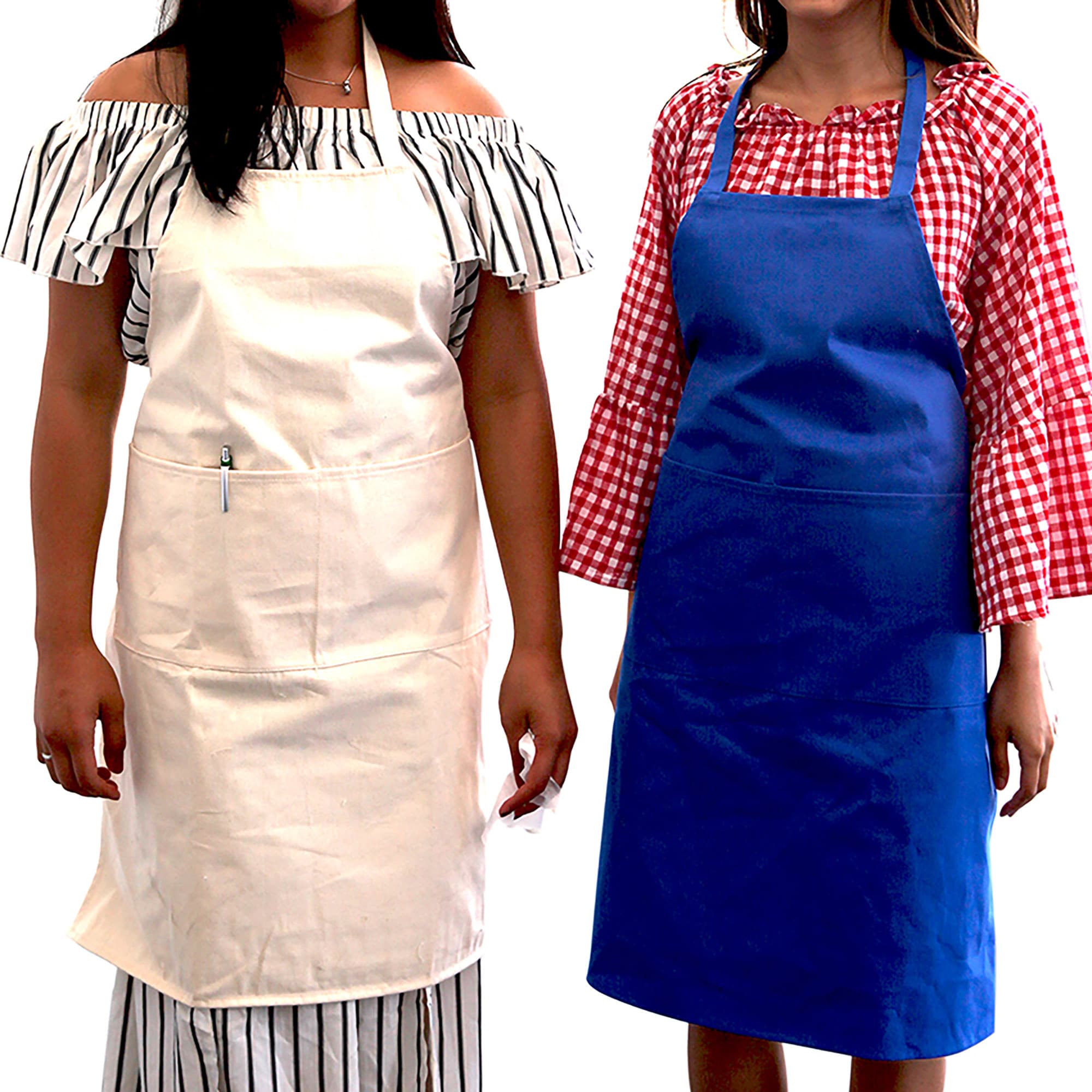 Two cotton aprons are displayed: one in cream and one in blue, worn by models showcasing the designs. Jacky’s Cotton Apron - Image 1