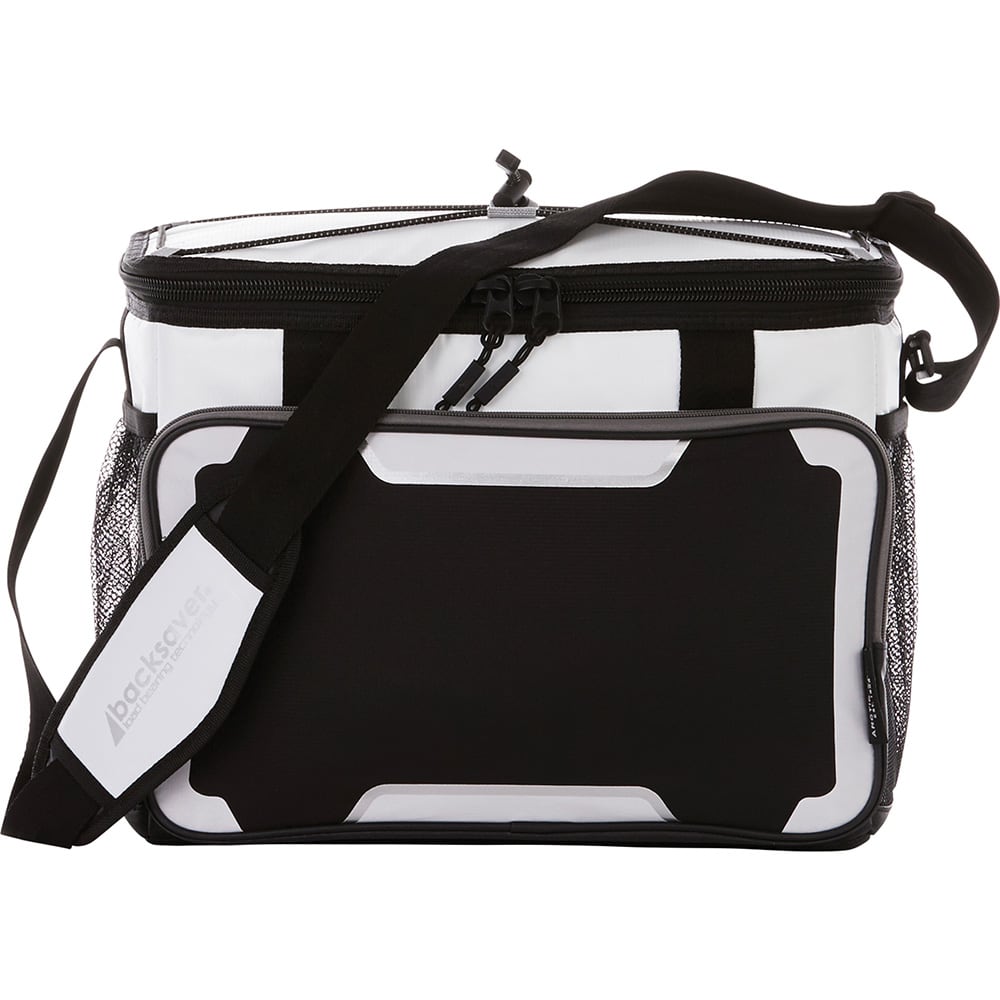 A black and white cooler bag with a shoulder strap, featuring mesh pockets and a logo. Suitable for carrying drinks. Arctic Zone Deep Freeze Titan 24 Can Cooler 19L - Image 1
